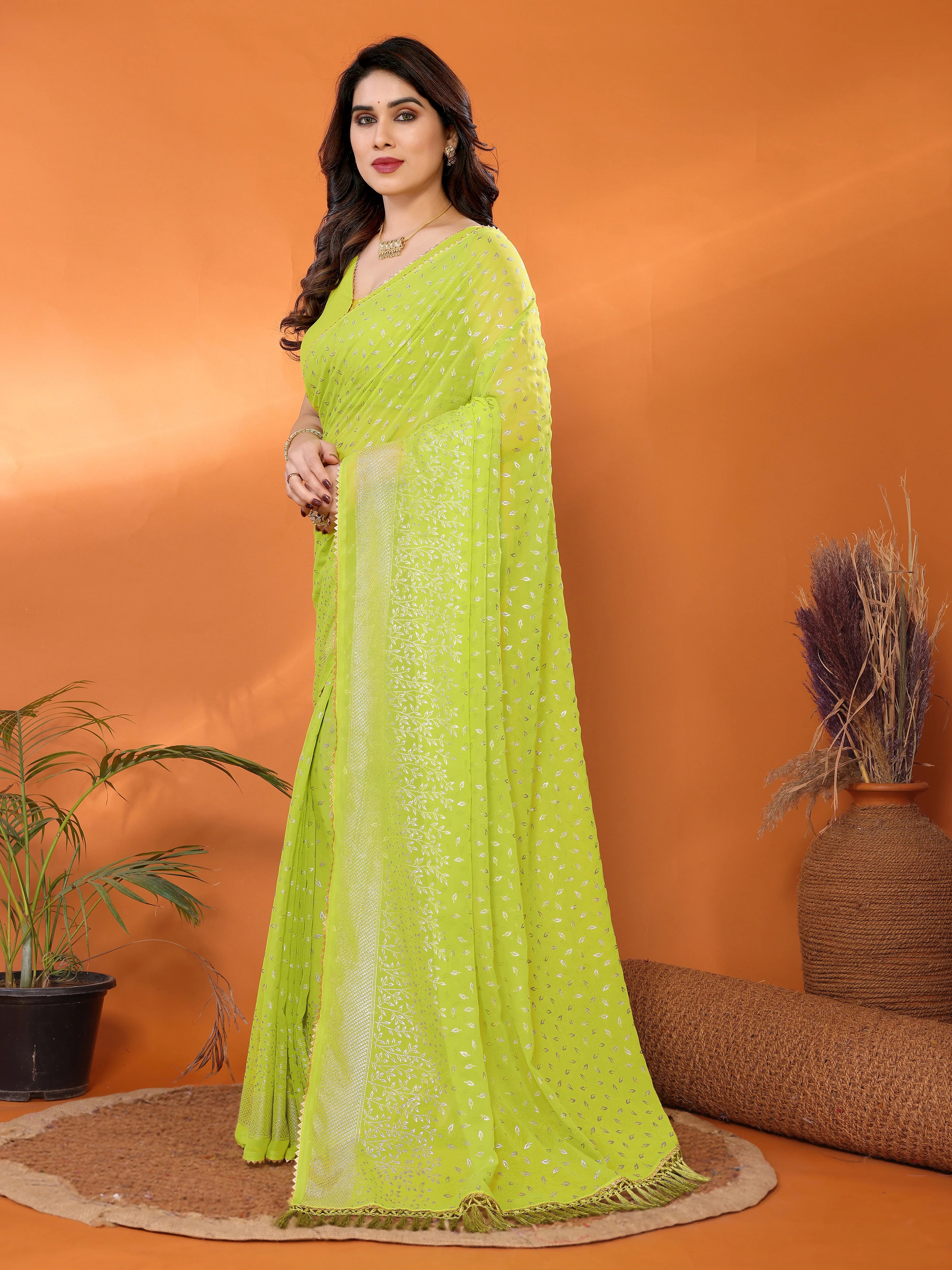 SHYAMIKA Georgette Saree with Foil Work, Zalar Lace & Blouse