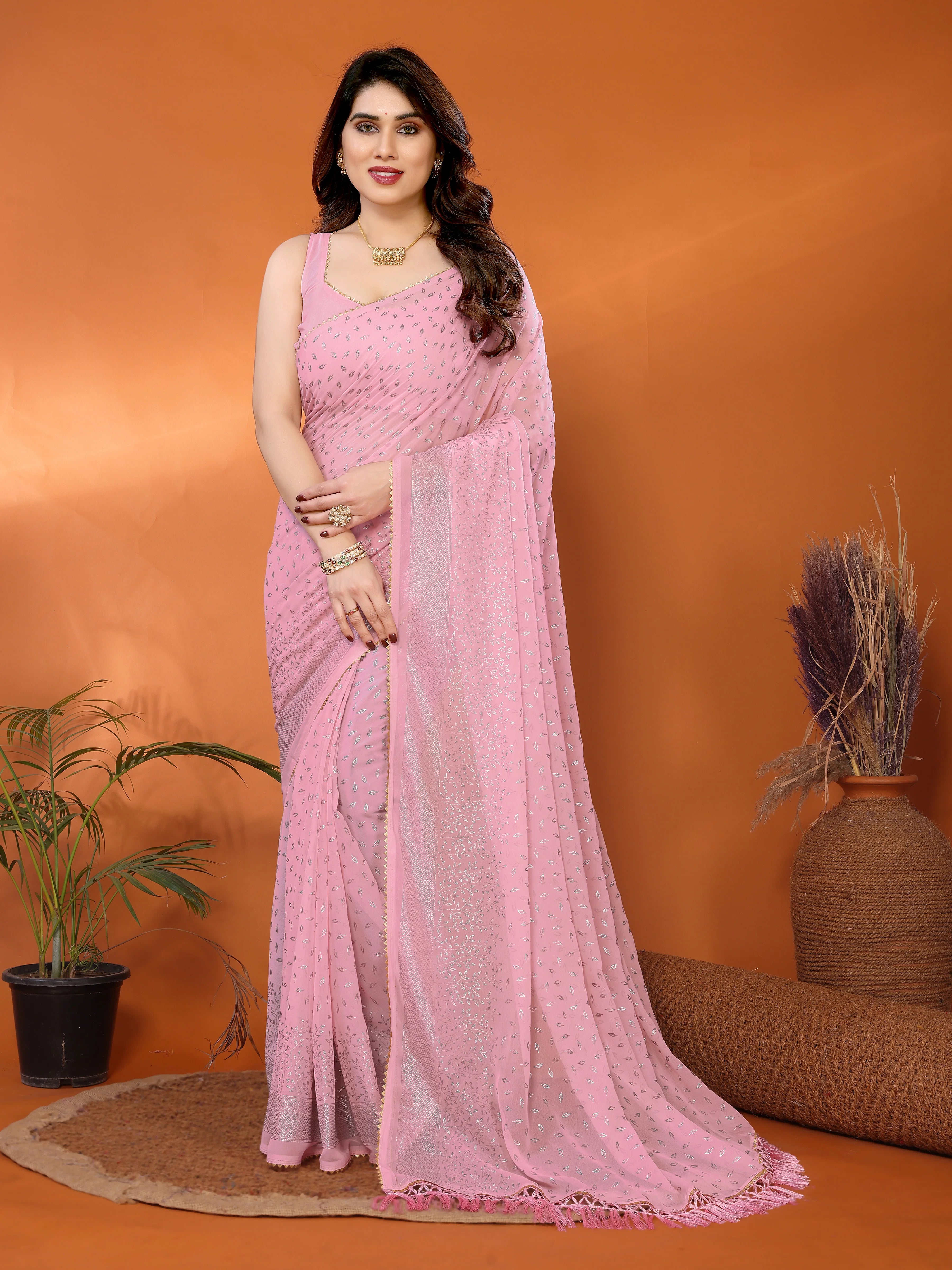 SHYAMIKA Georgette Saree with Foil Work, Zalar Lace & Blouse