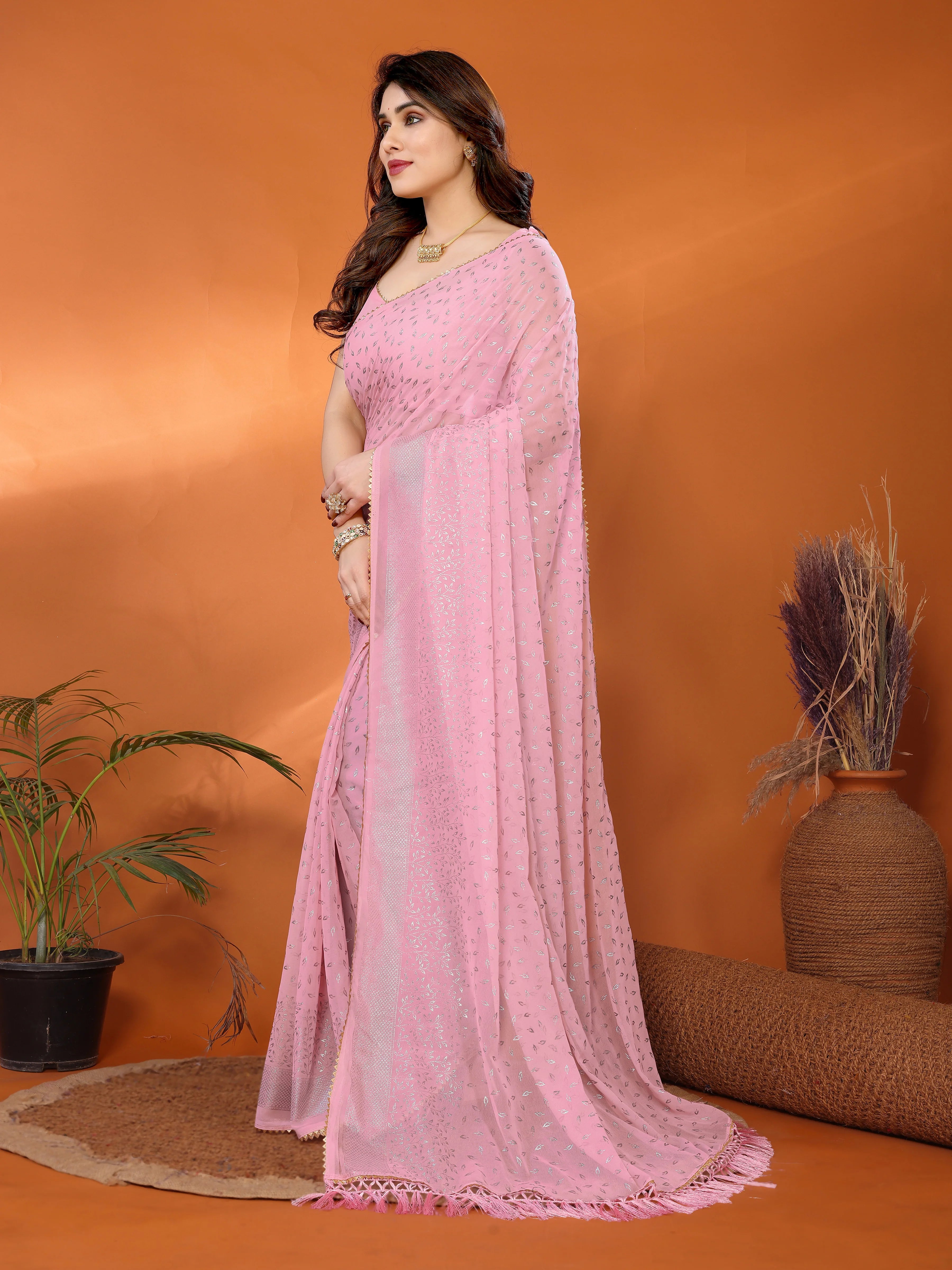 SHYAMIKA Georgette Saree with Foil Work, Zalar Lace & Blouse