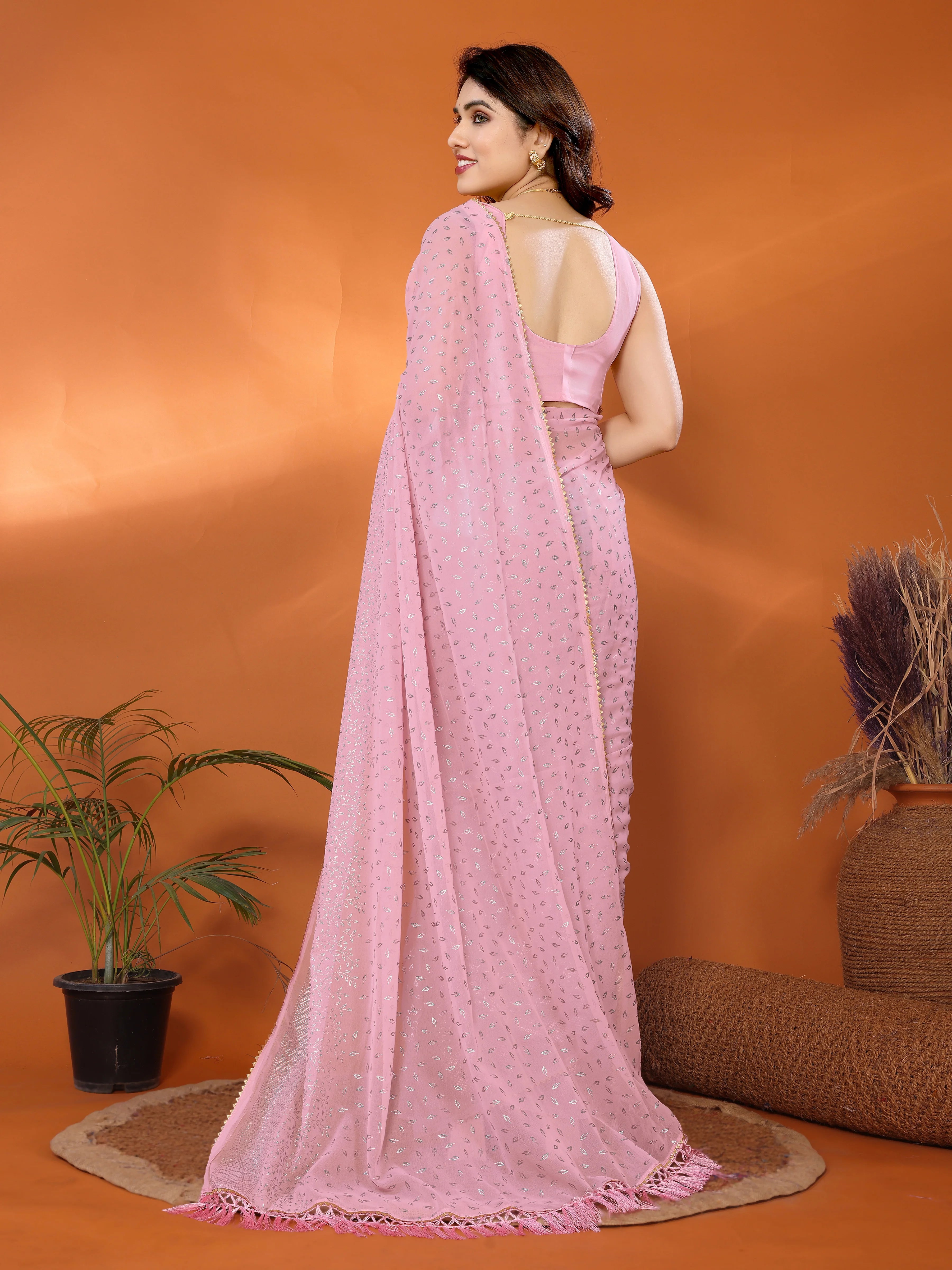 SHYAMIKA Georgette Saree with Foil Work, Zalar Lace & Blouse