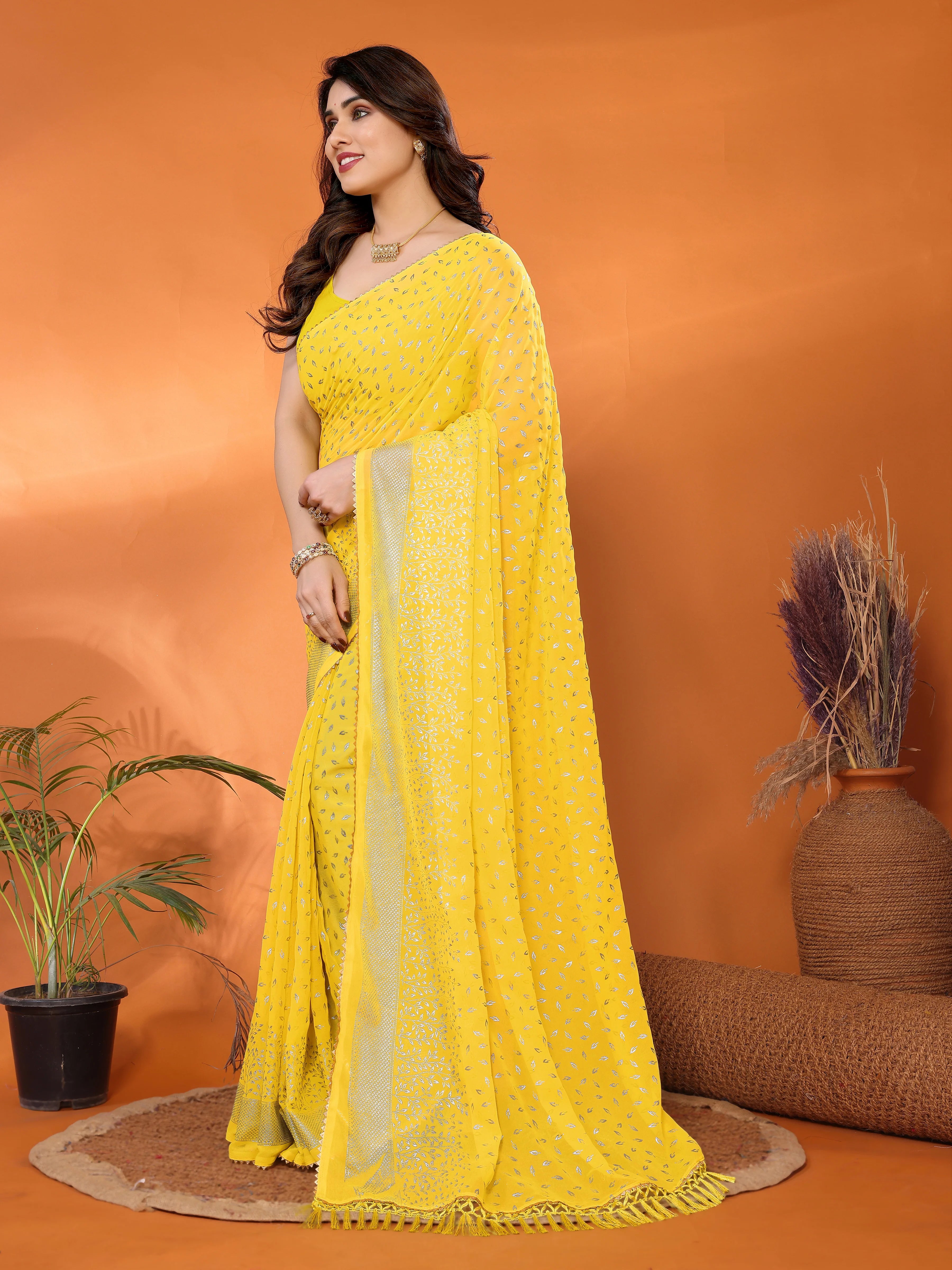 SHYAMIKA Georgette Saree with Foil Work, Zalar Lace & Blouse