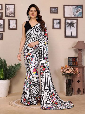 SHYAMIKA Bright Black & White Moss Printed Saree with Banglory Blouse
