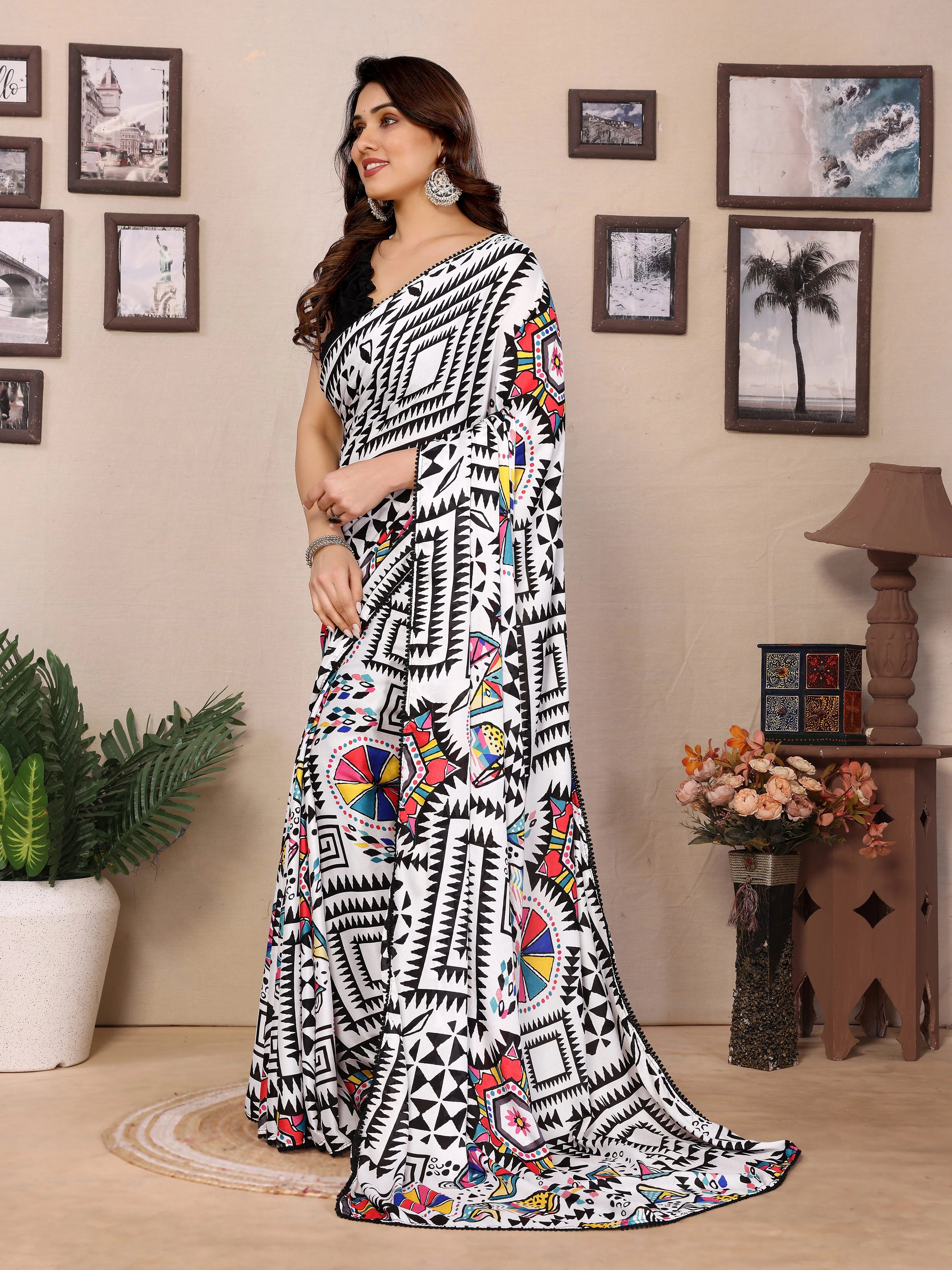SHYAMIKA Bright Black & White Moss Printed Saree with Banglory Blouse