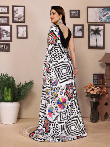 SHYAMIKA Bright Black & White Moss Printed Saree with Banglory Blouse
