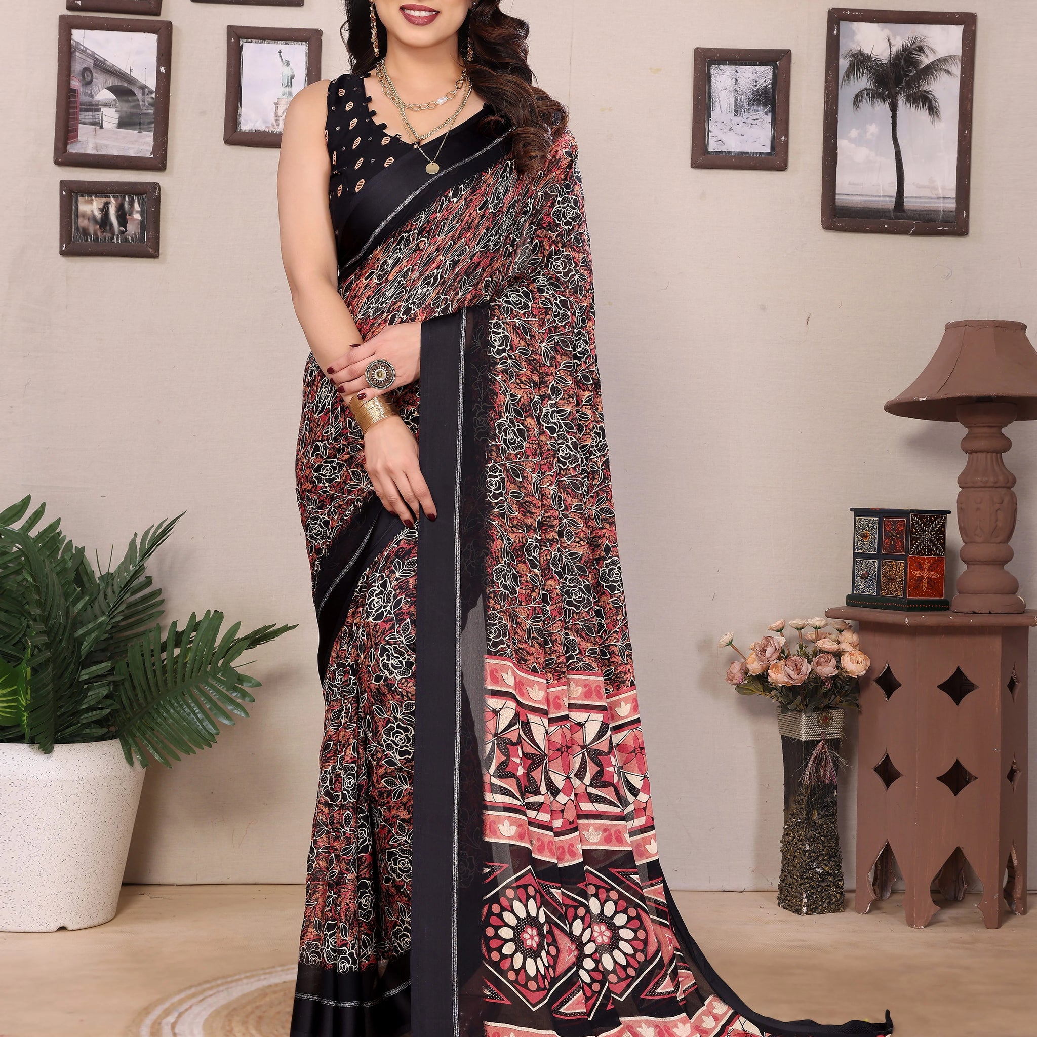 SHYAMIKA Bright Moss Satin Patta Printed Saree with Zari Work & Blouse