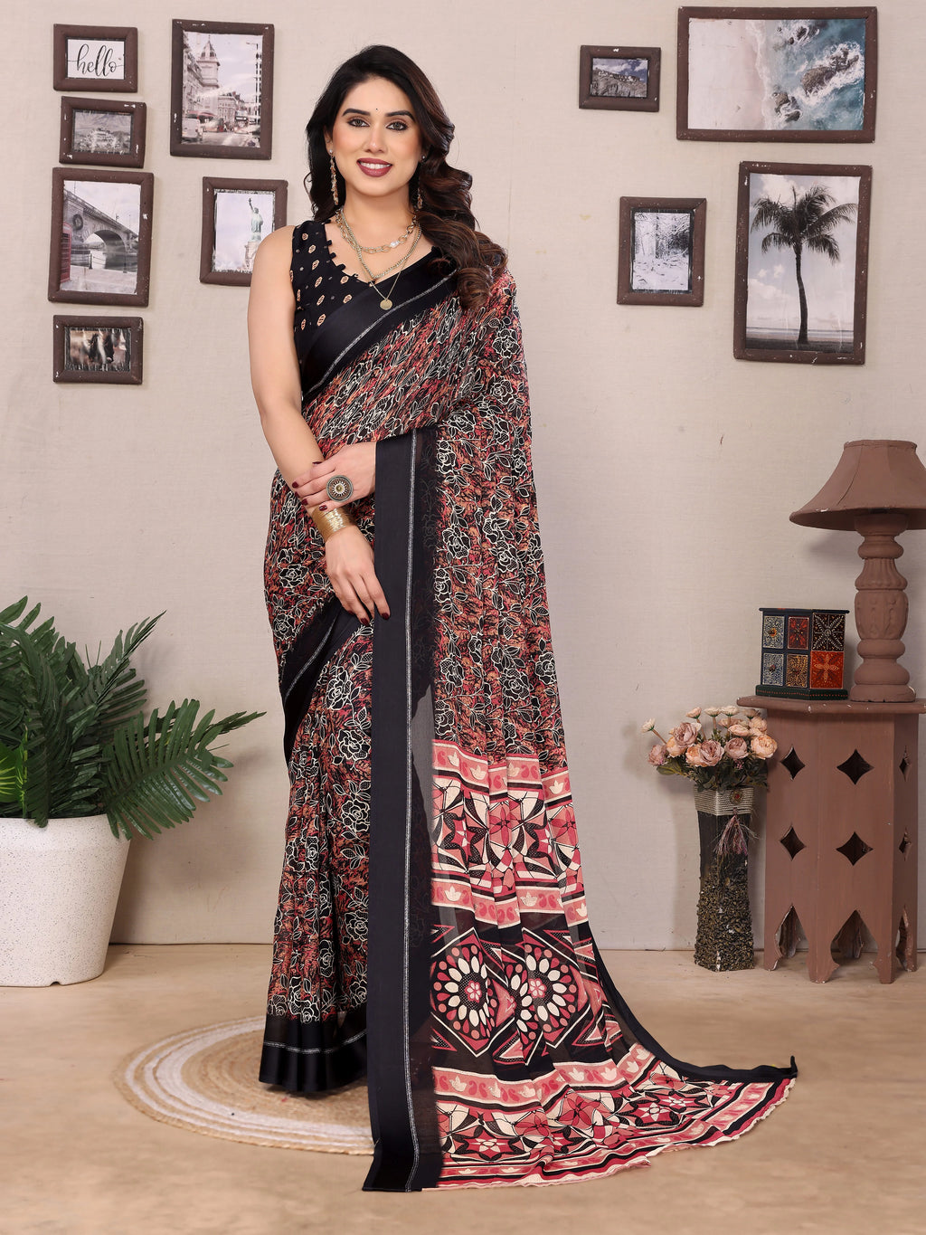SHYAMIKA Bright Moss Satin Patta Printed Saree with Zari Work & Blouse