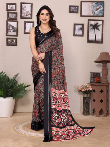 SHYAMIKA Bright Moss Satin Patta Printed Saree with Zari Work & Blouse