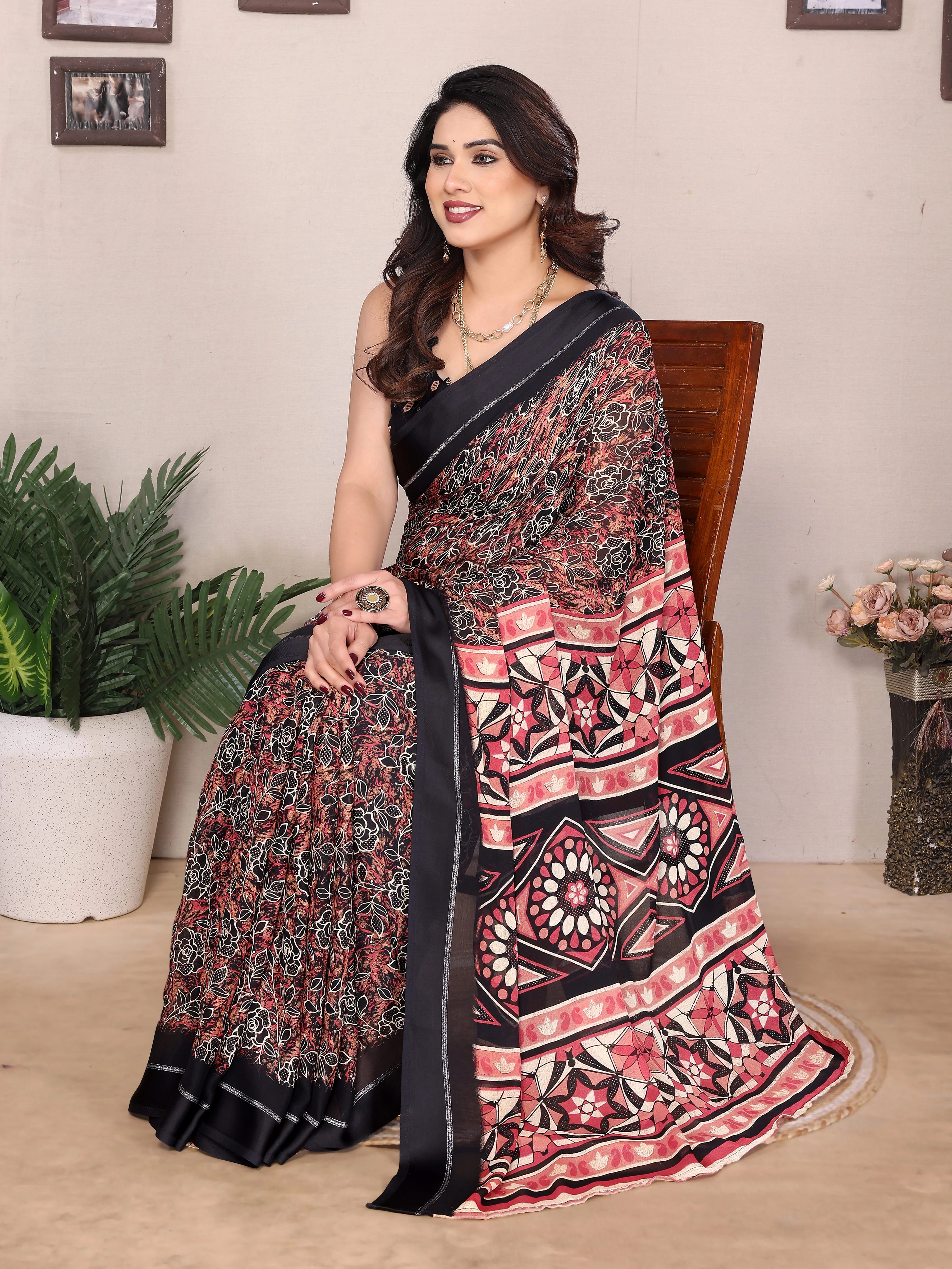 SHYAMIKA Bright Moss Satin Patta Printed Saree with Zari Work & Blouse