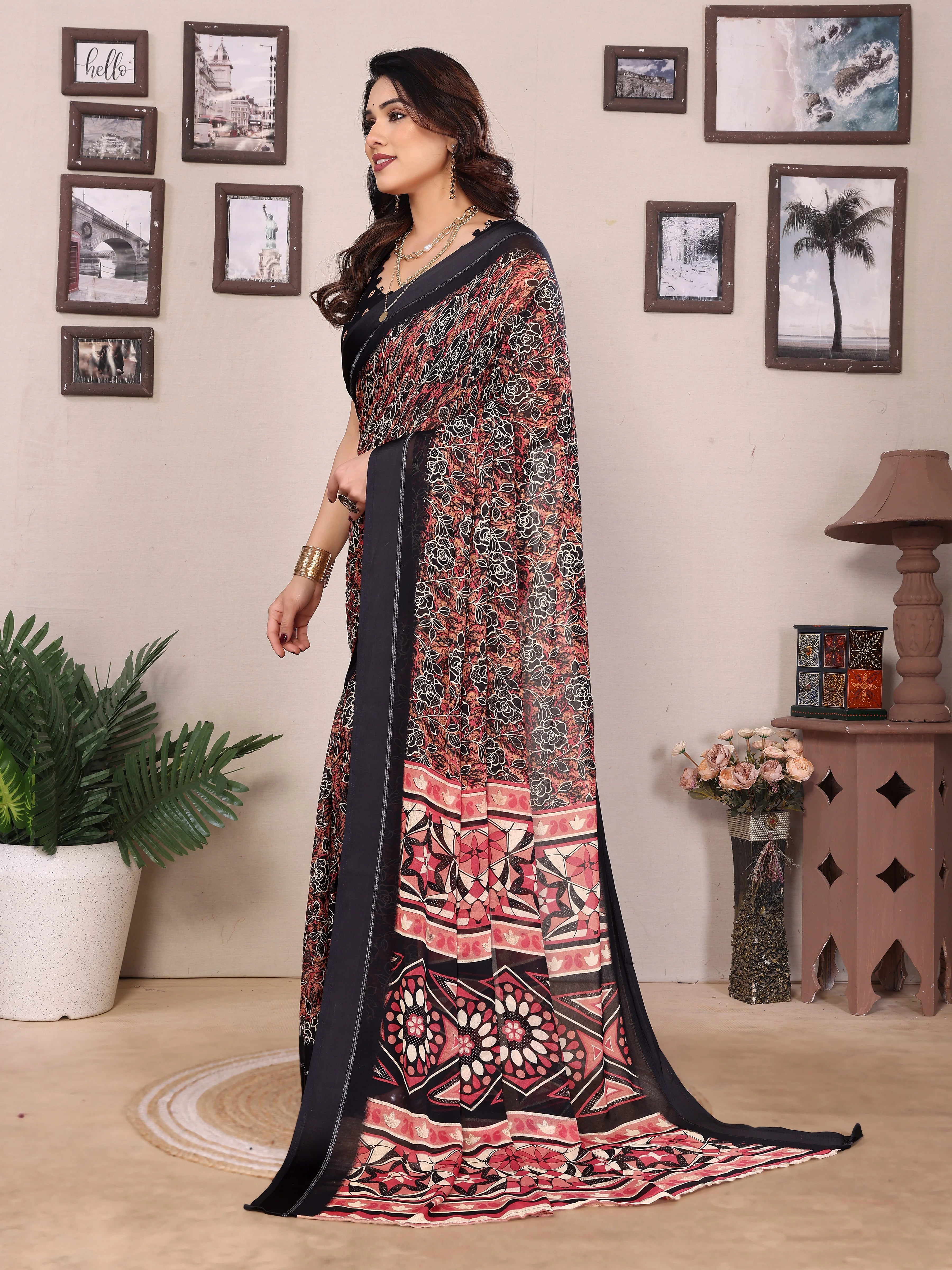 SHYAMIKA Bright Moss Satin Patta Printed Saree with Zari Work & Blouse