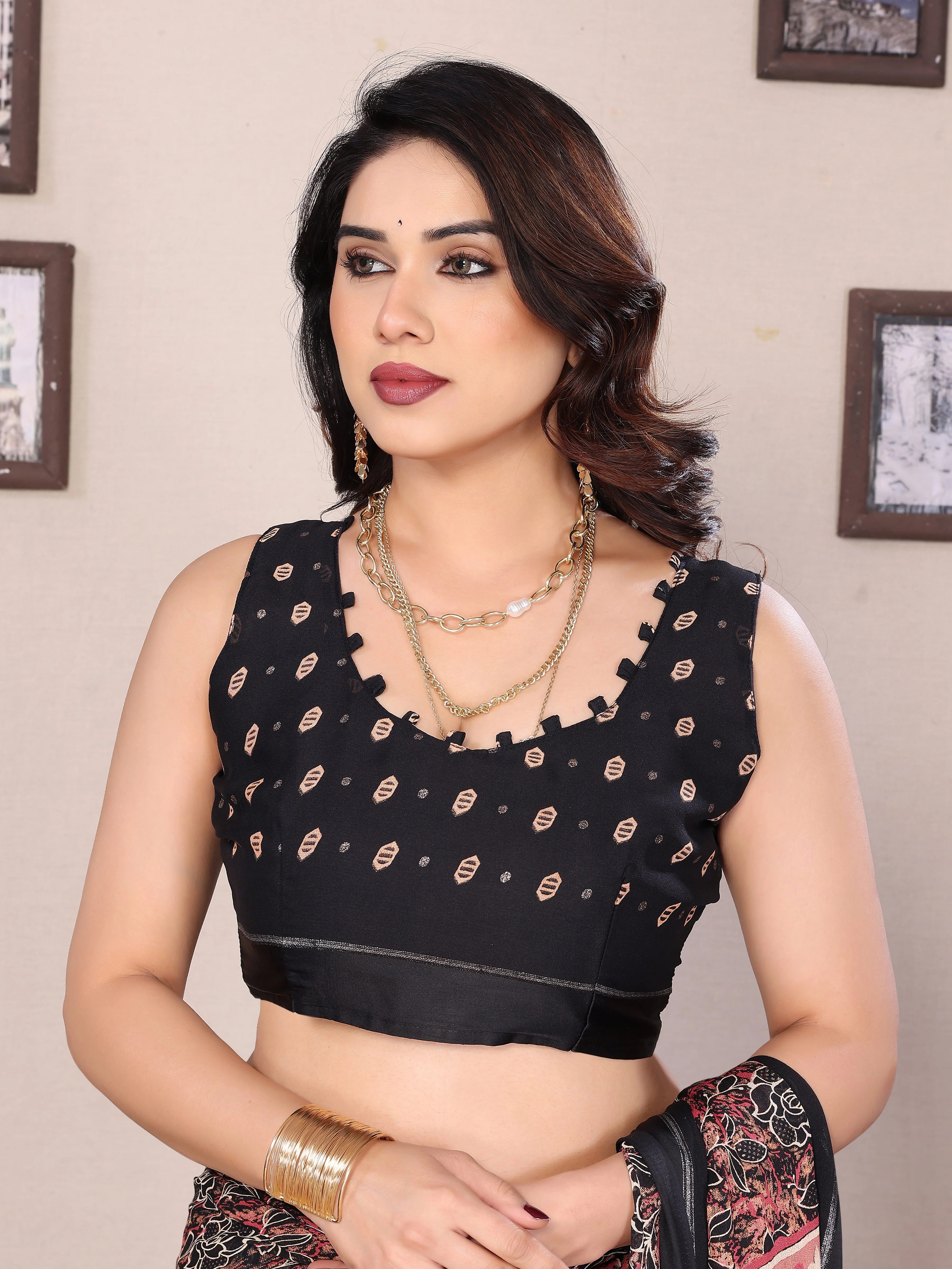 SHYAMIKA Bright Moss Satin Patta Printed Saree with Zari Work & Blouse