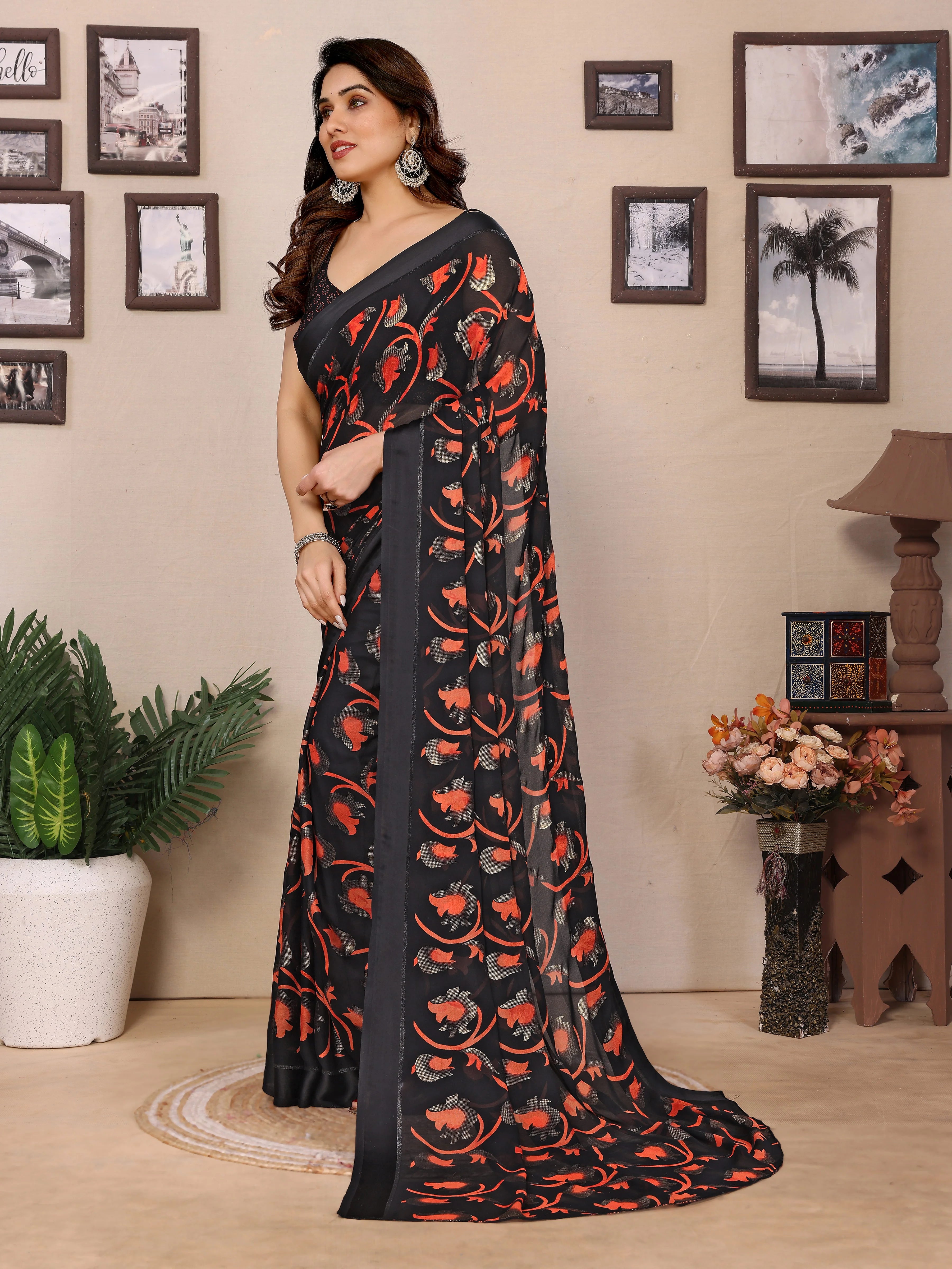 SHYAMIKA Bright Black & Red Flower Printed Saree with Banglory Blouse