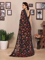 SHYAMIKA Bright Black & Red Flower Printed Saree with Banglory Blouse