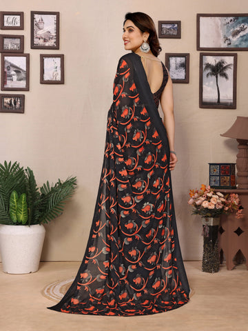 SHYAMIKA Bright Black & Red Flower Printed Saree with Banglory Blouse