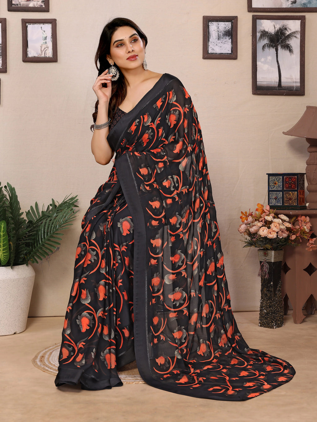 SHYAMIKA Bright Black & Red Flower Printed Saree with Banglory Blouse