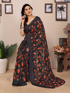 SHYAMIKA Bright Black & Red Flower Printed Saree with Banglory Blouse