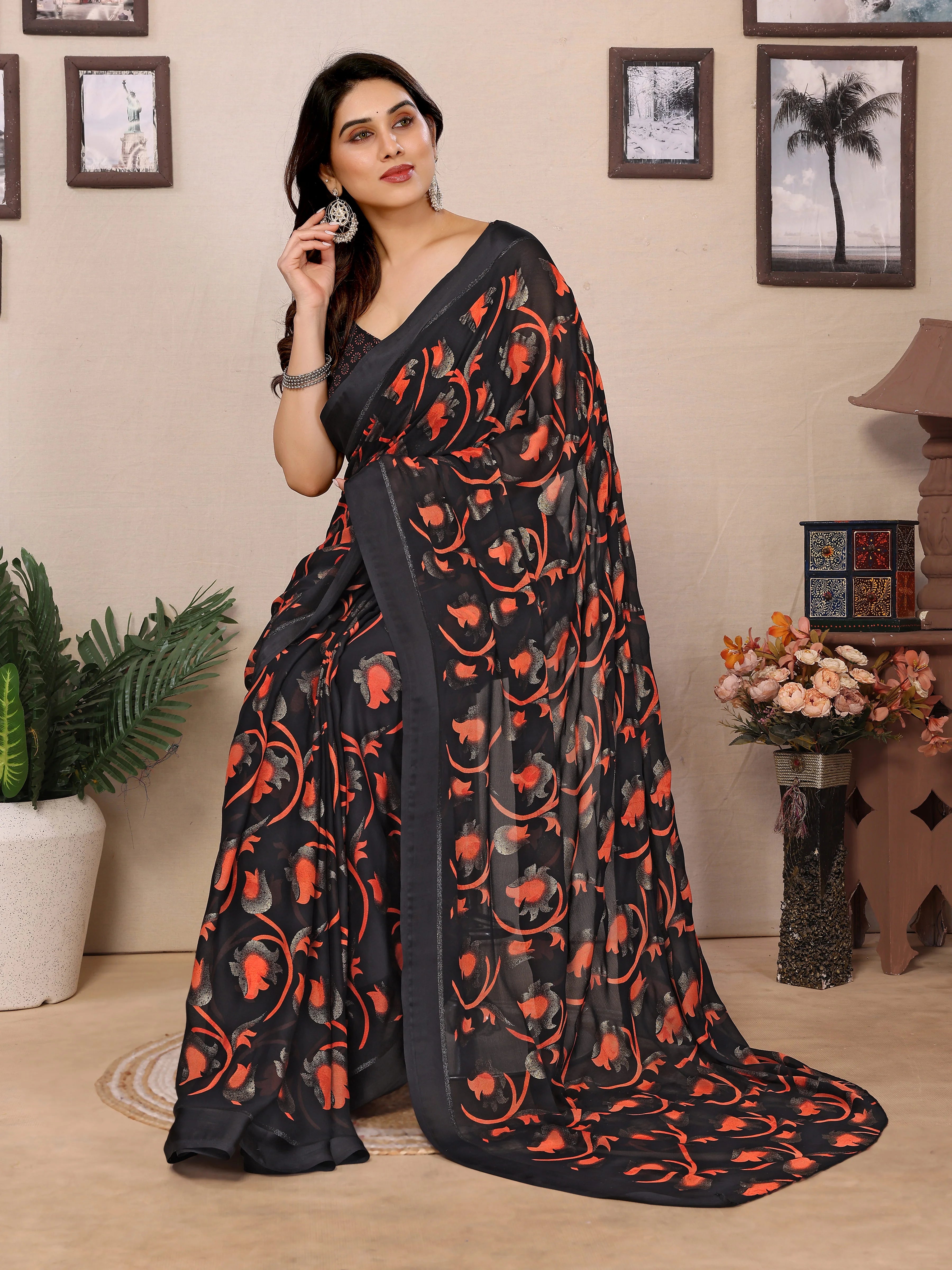 SHYAMIKA Bright Black & Red Flower Printed Saree with Banglory Blouse