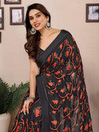 SHYAMIKA Bright Black & Red Flower Printed Saree with Banglory Blouse