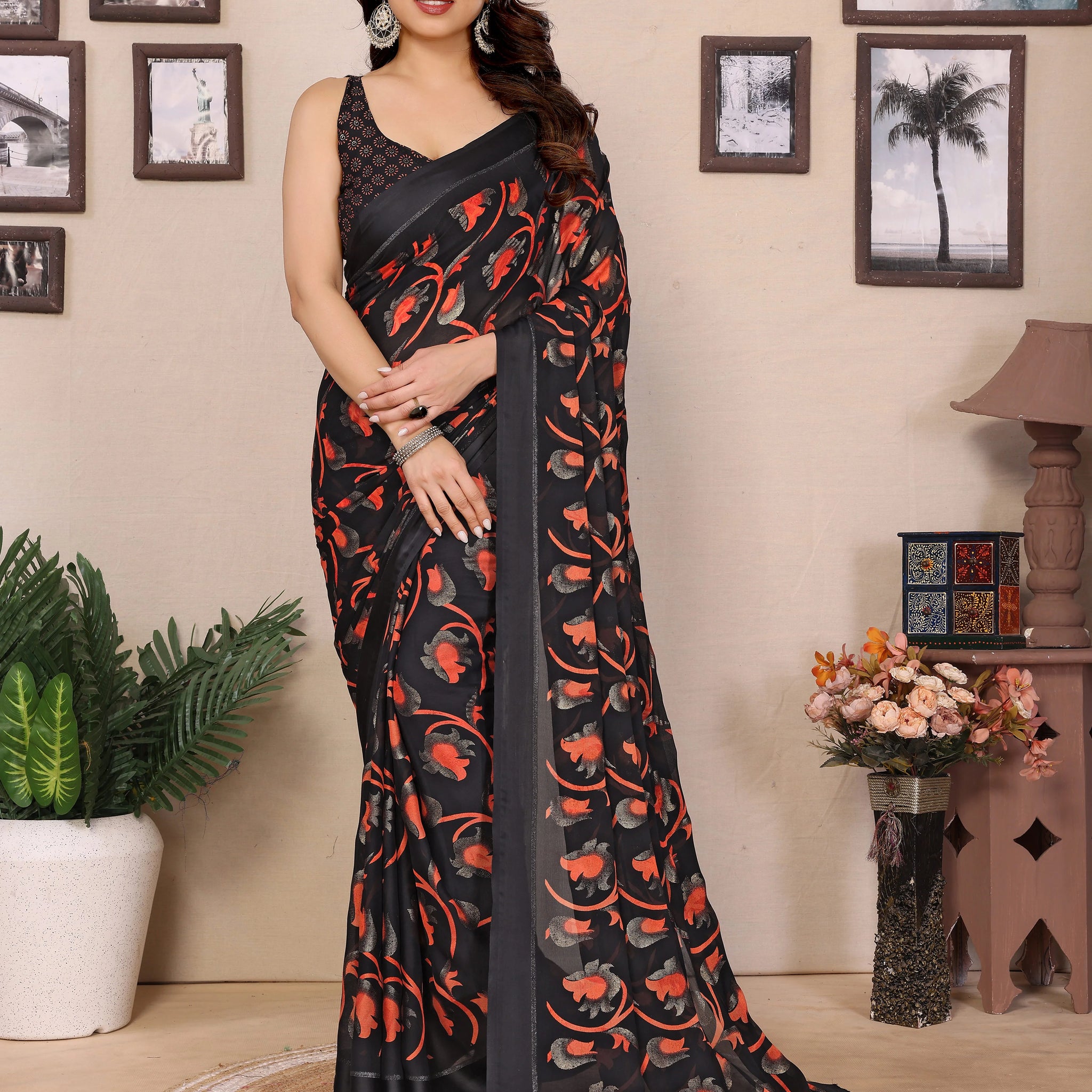 SHYAMIKA Bright Black & Red Flower Printed Saree with Banglory Blouse
