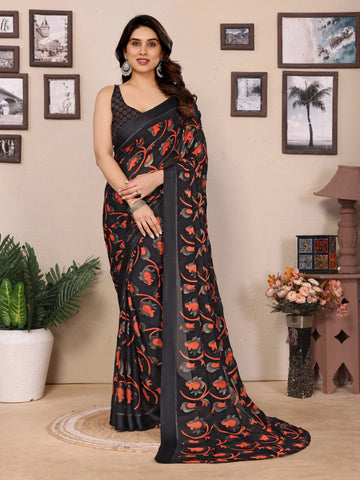 SHYAMIKA Bright Black & Red Flower Printed Saree with Banglory Blouse