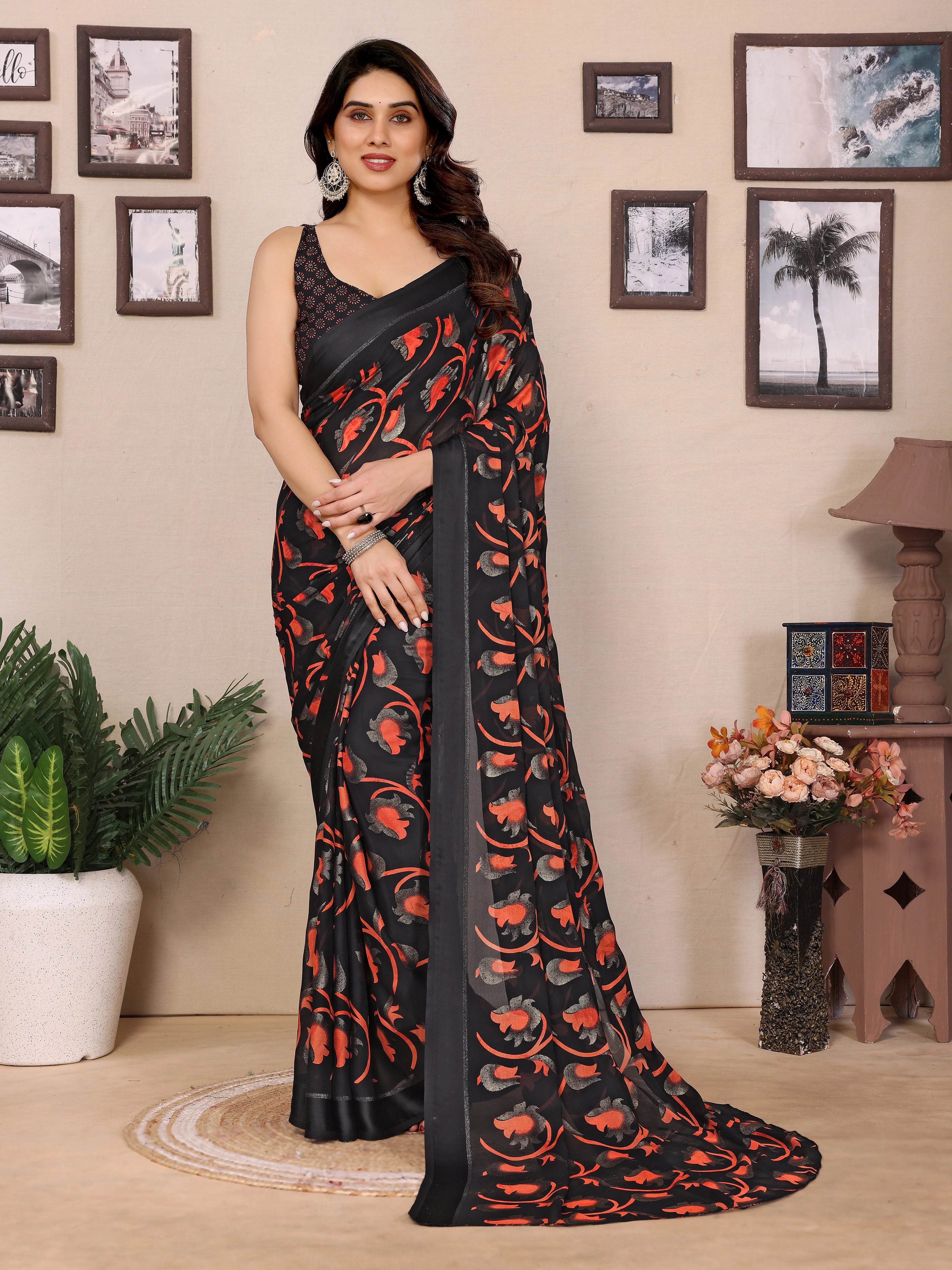 SHYAMIKA Bright Black & Red Flower Printed Saree with Banglory Blouse