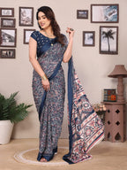 SHYAMIKA Bright Moss Satin Patta Printed Saree with Zari Work & Blouse