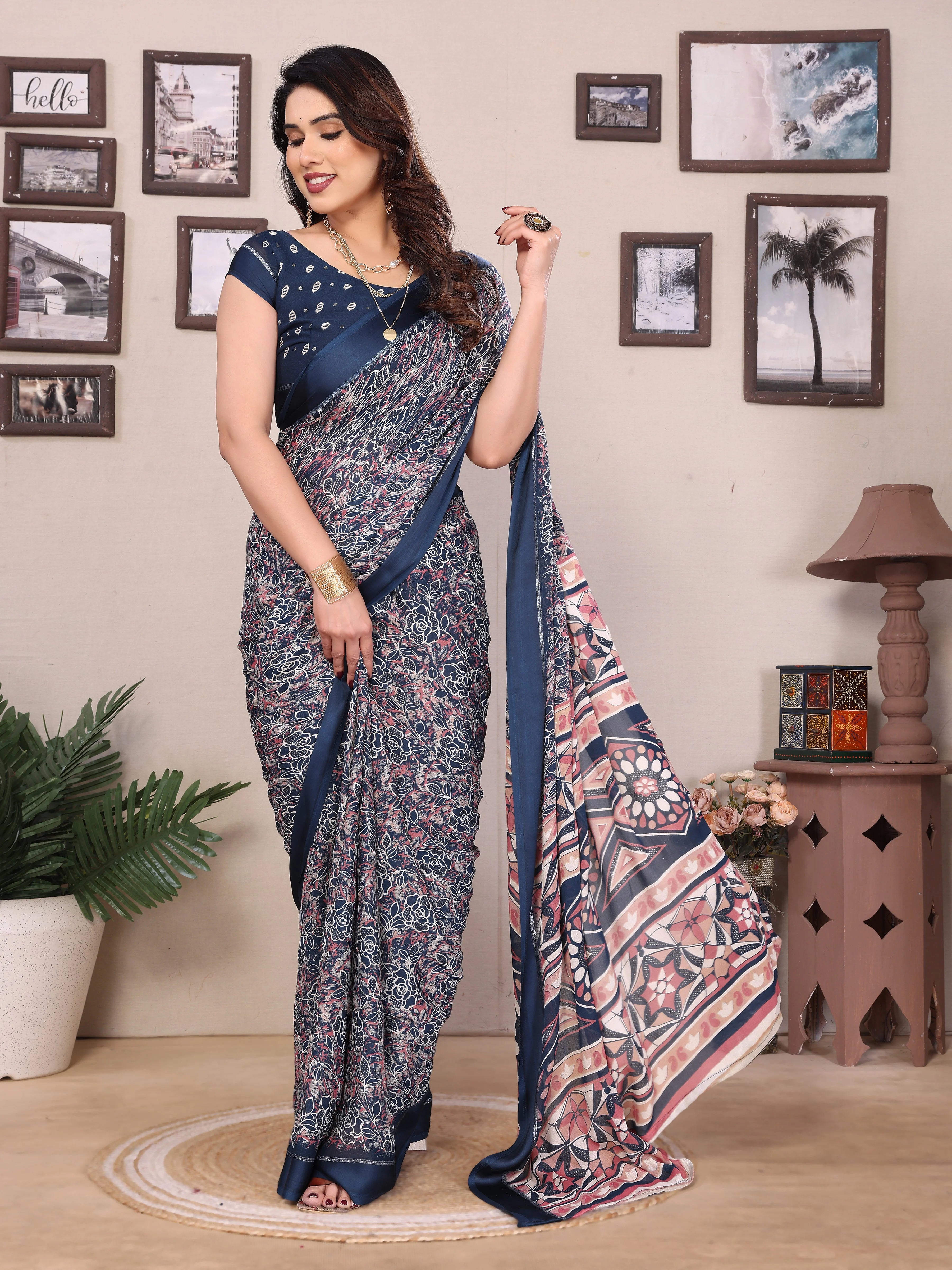 SHYAMIKA Bright Moss Satin Patta Printed Saree with Zari Work & Blouse