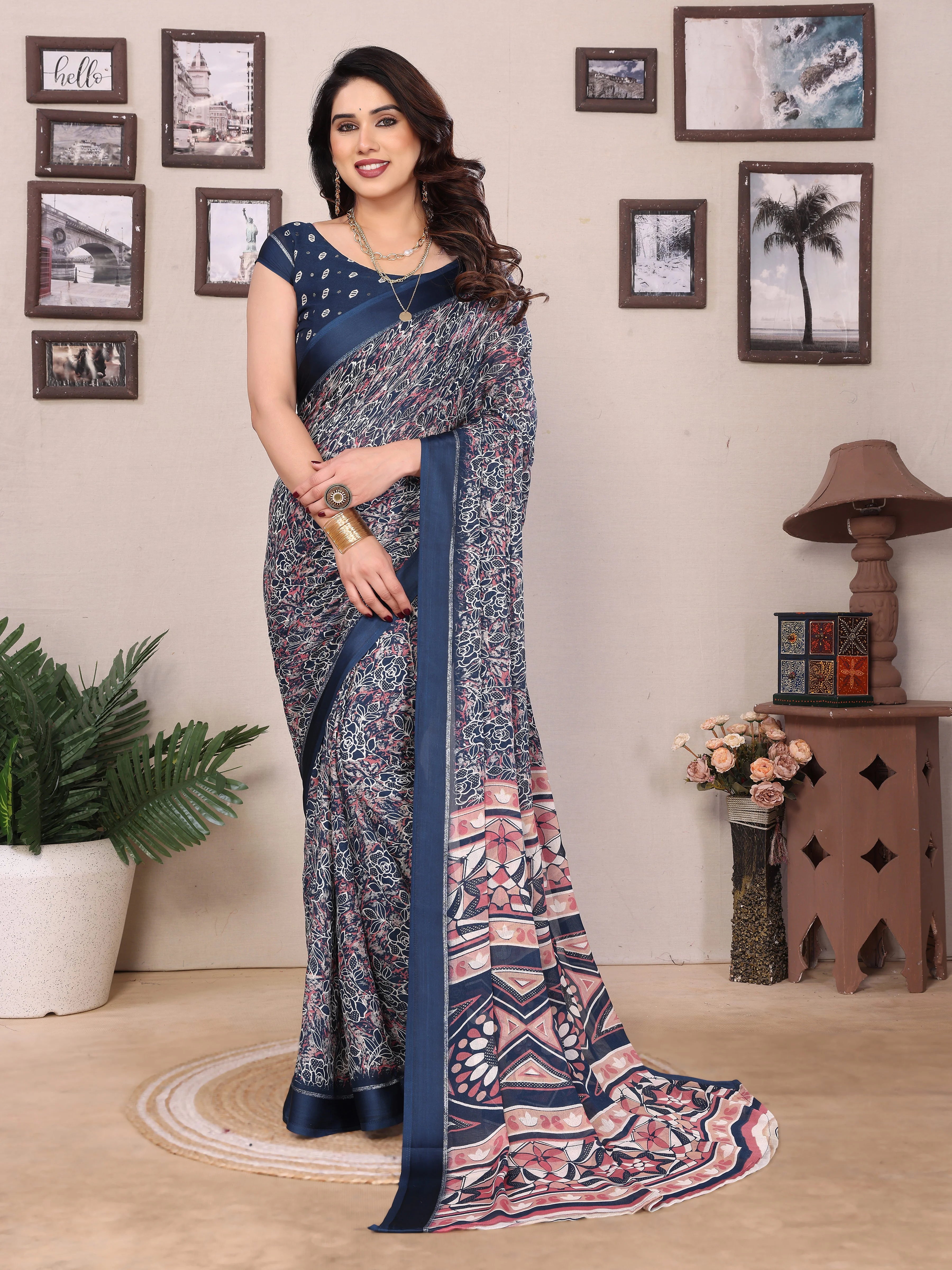 SHYAMIKA Bright Moss Satin Patta Printed Saree with Zari Work & Blouse