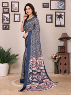 SHYAMIKA Bright Moss Satin Patta Printed Saree with Zari Work & Blouse