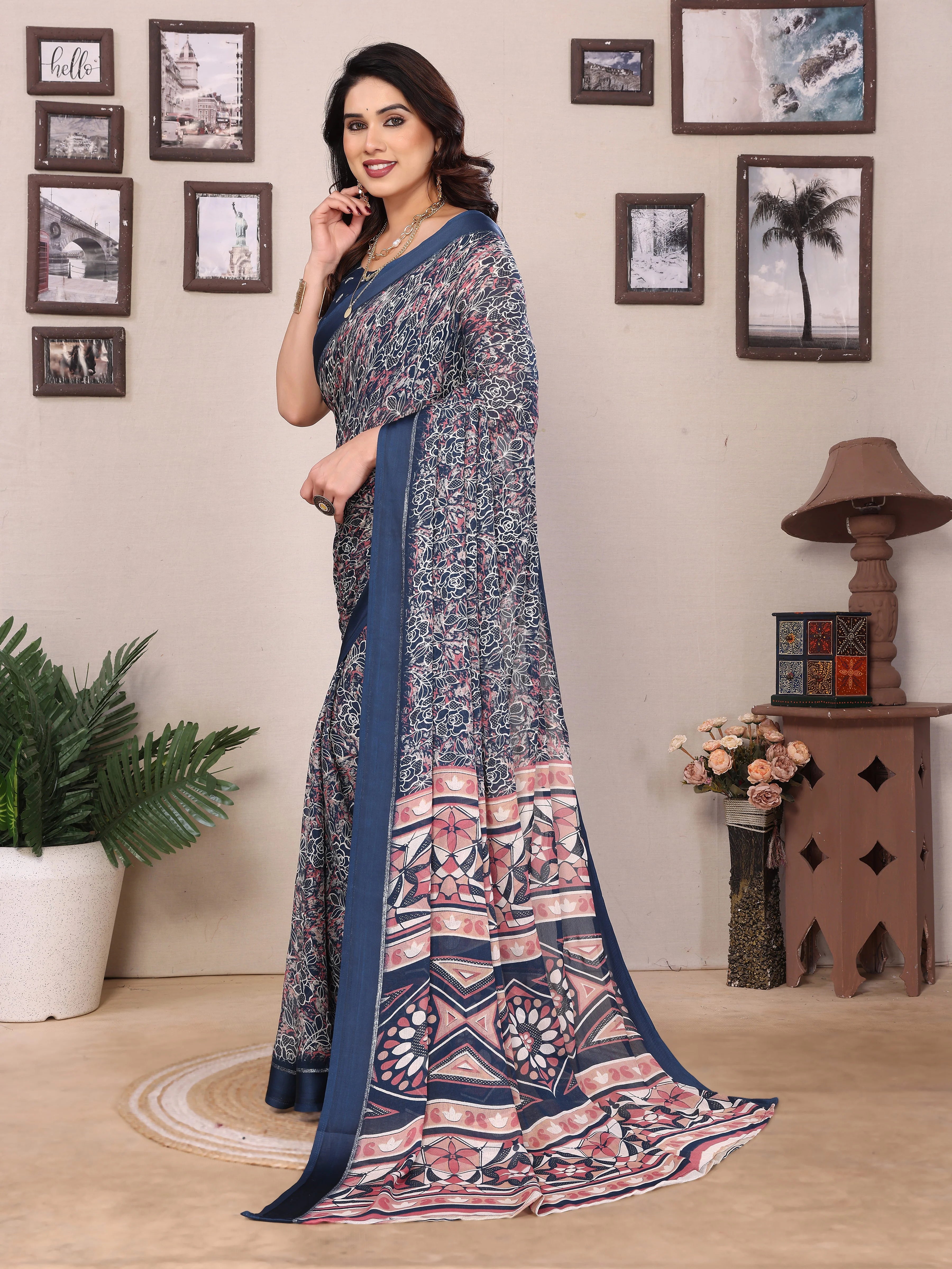 SHYAMIKA Bright Moss Satin Patta Printed Saree with Zari Work & Blouse