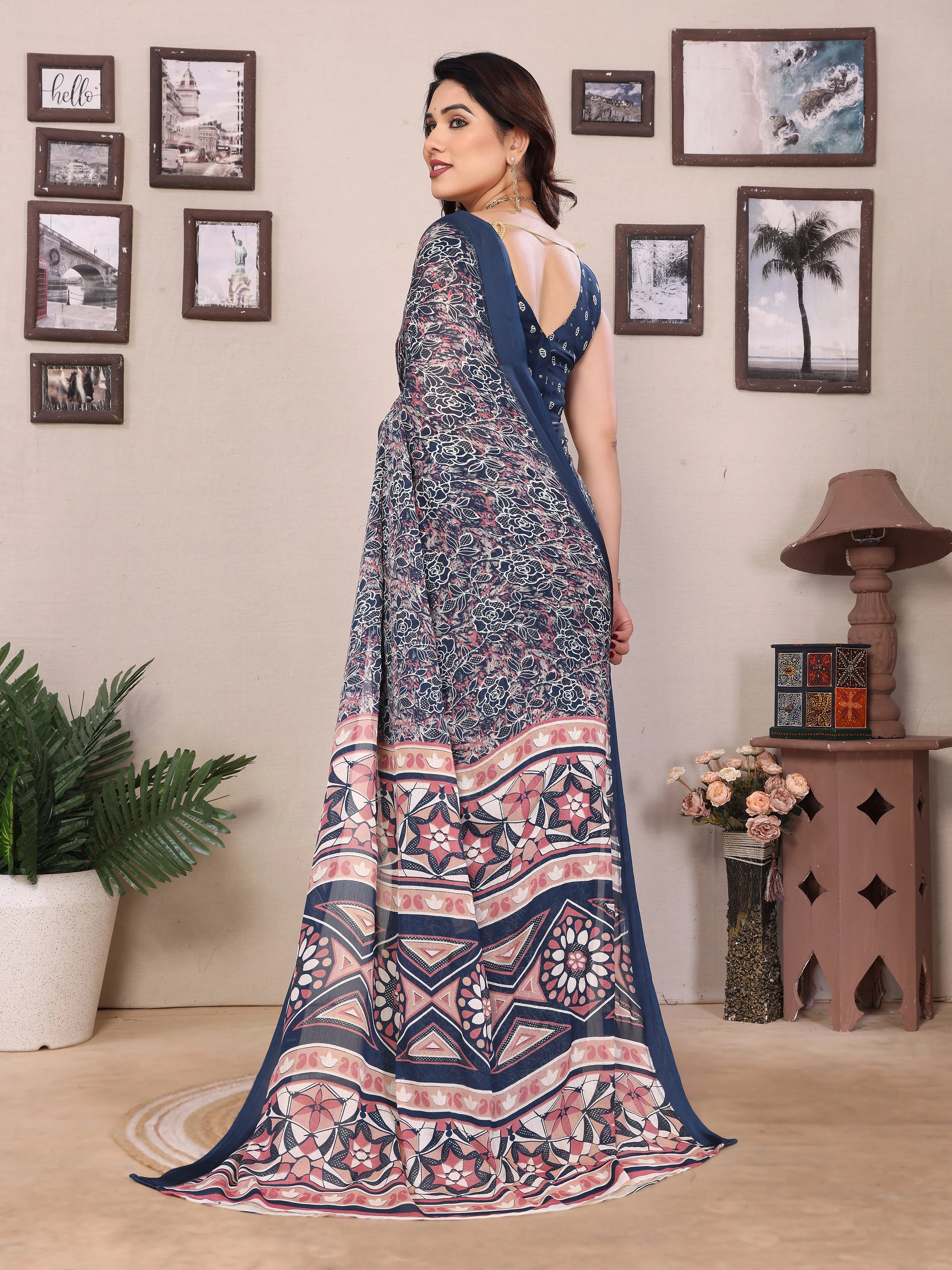 SHYAMIKA Bright Moss Satin Patta Printed Saree with Zari Work & Blouse