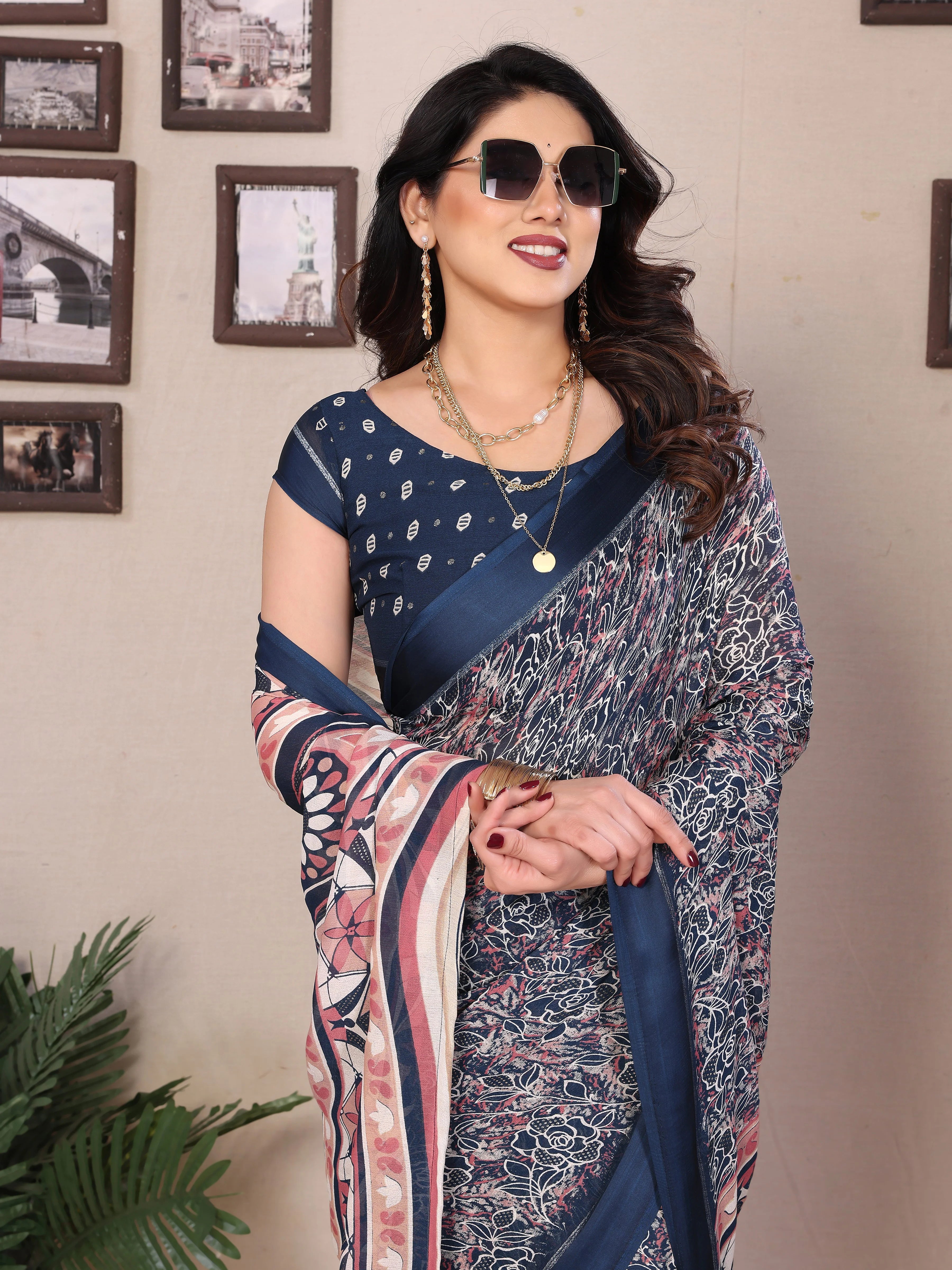 SHYAMIKA Bright Moss Satin Patta Printed Saree with Zari Work & Blouse