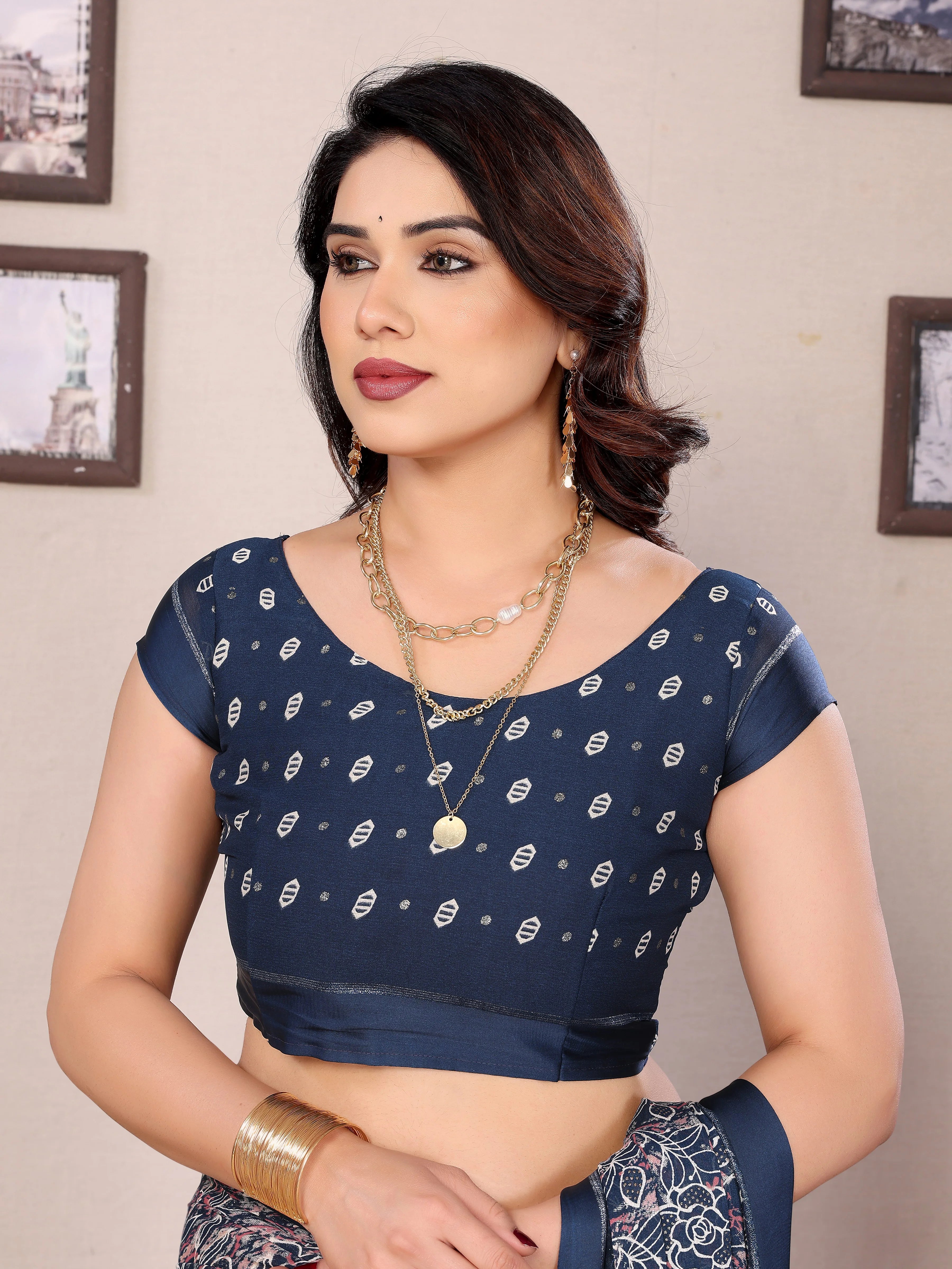 SHYAMIKA Bright Moss Satin Patta Printed Saree with Zari Work & Blouse