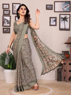 SHYAMIKA Bright Moss Satin Patta Printed Saree with Zari Work & Blouse