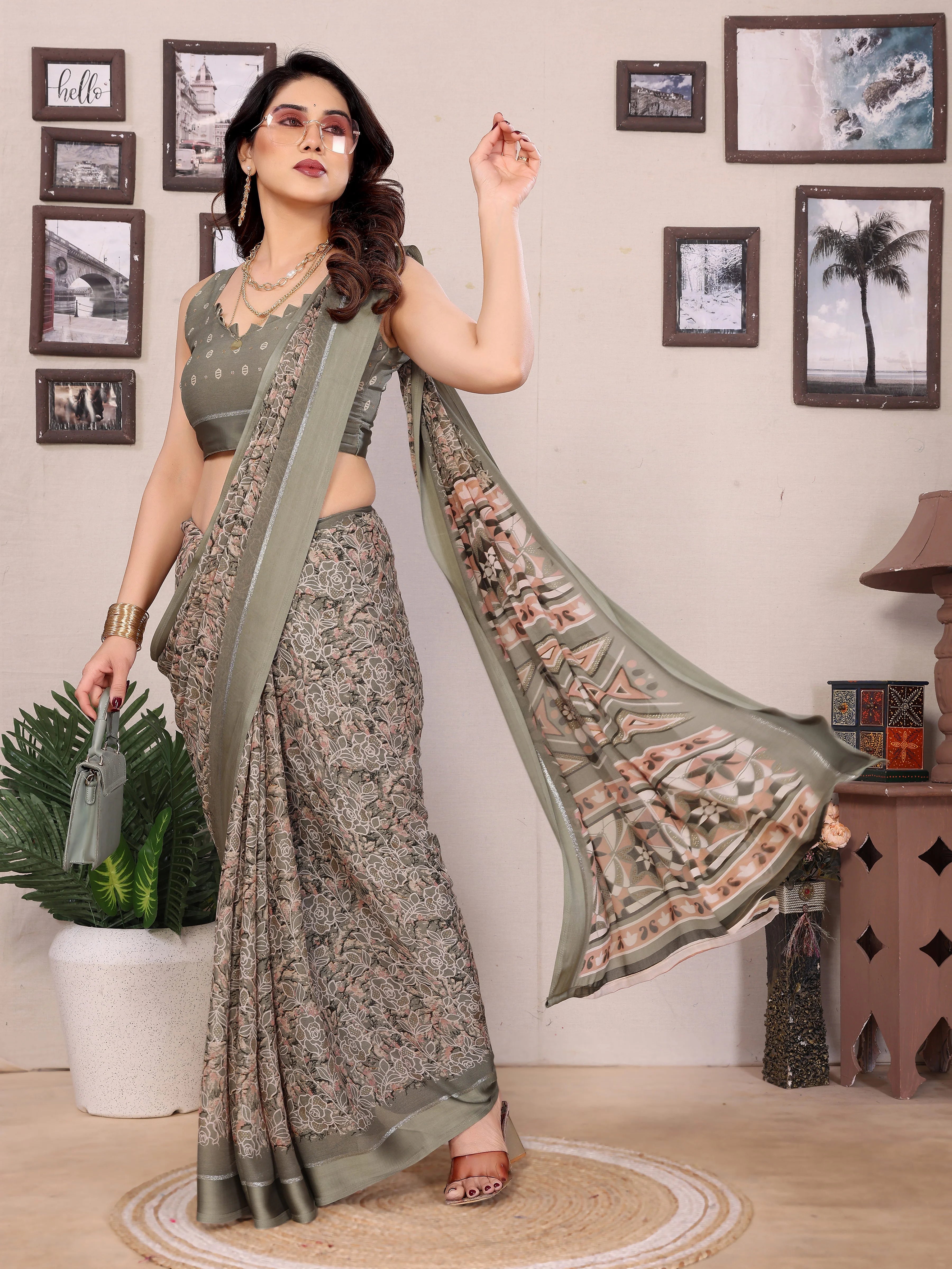 SHYAMIKA Bright Moss Satin Patta Printed Saree with Zari Work & Blouse