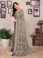 SHYAMIKA Bright Moss Satin Patta Printed Saree with Zari Work & Blouse