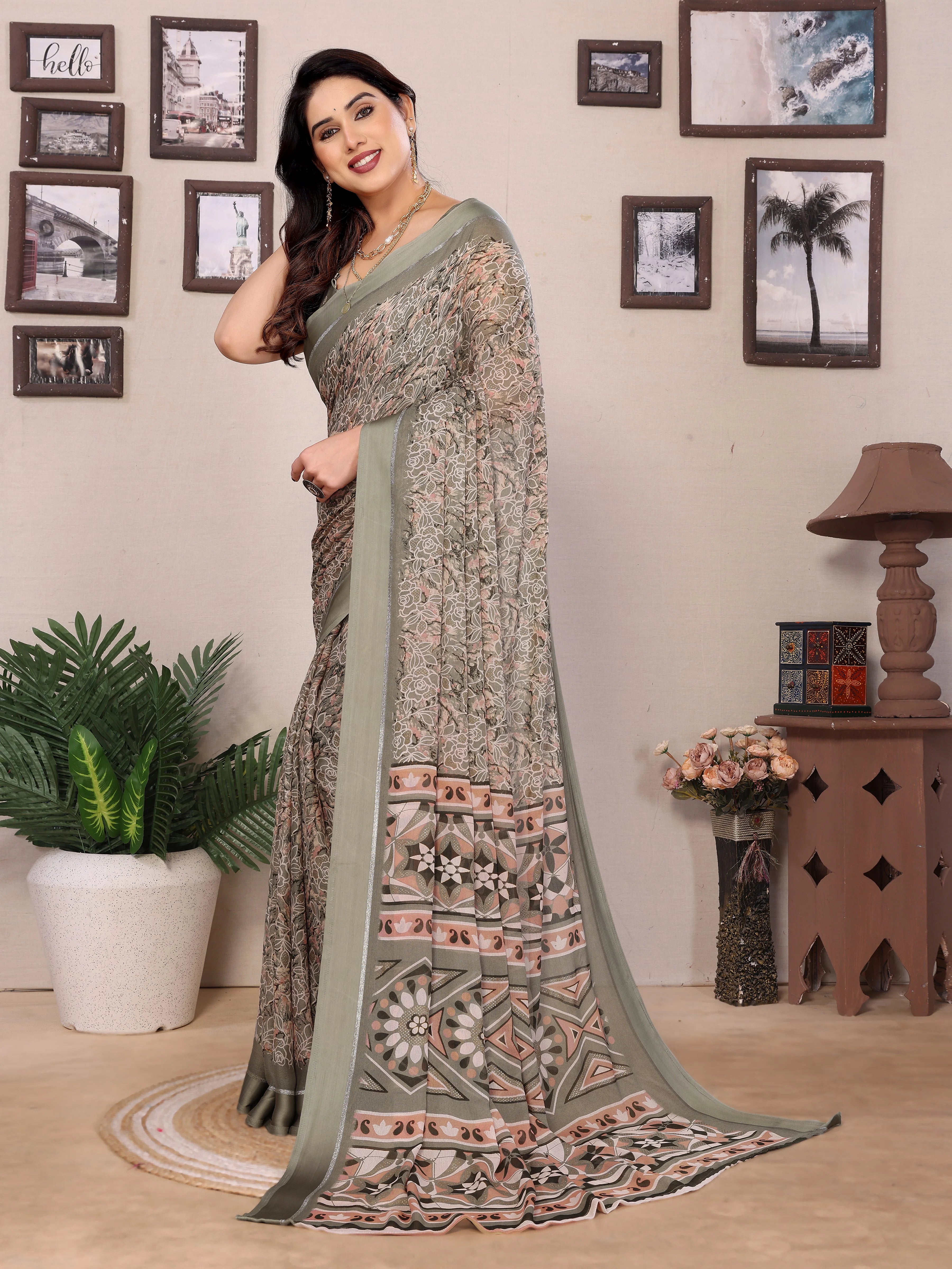 SHYAMIKA Bright Moss Satin Patta Printed Saree with Zari Work & Blouse