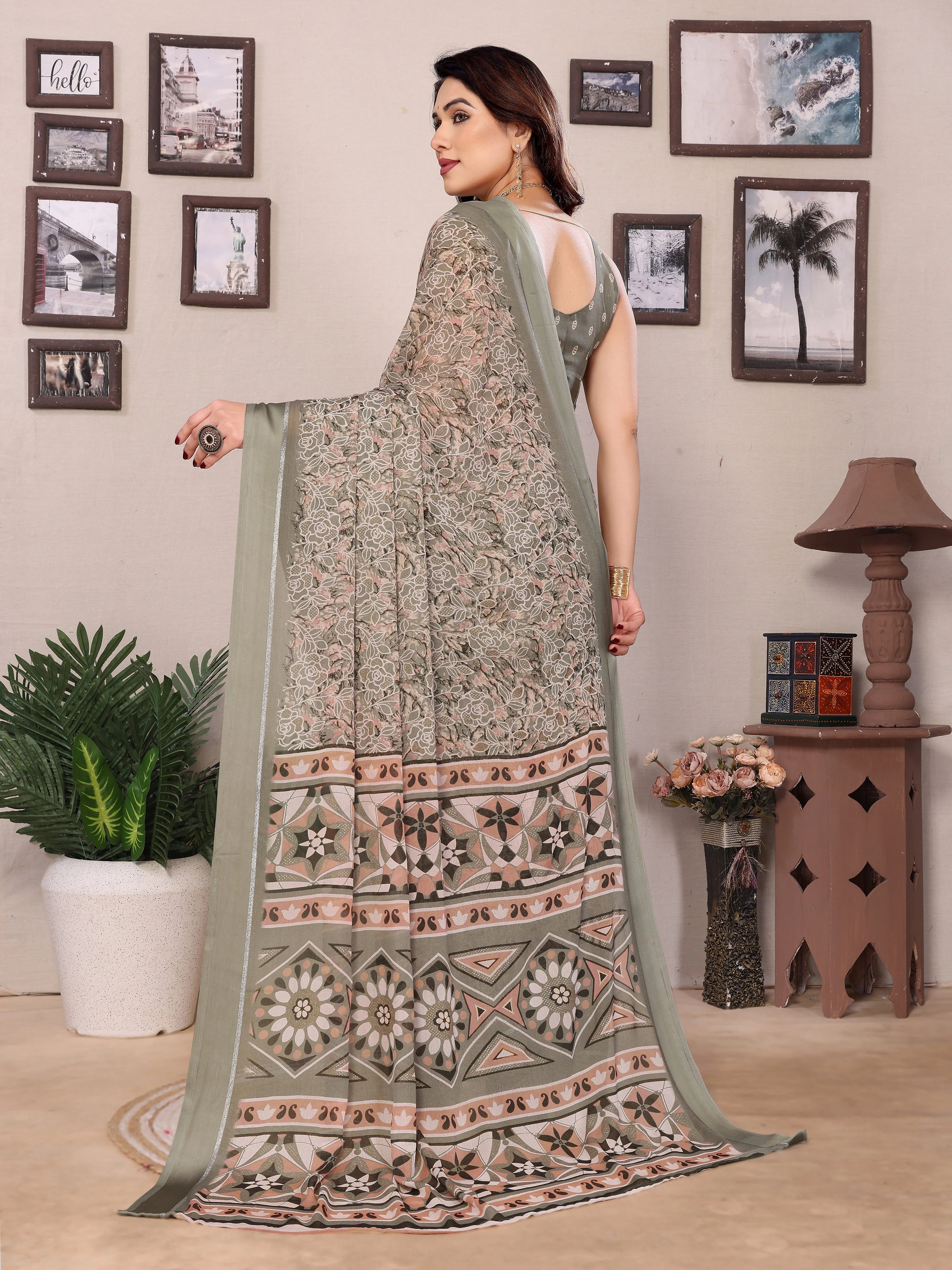 SHYAMIKA Bright Moss Satin Patta Printed Saree with Zari Work & Blouse