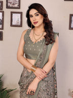 SHYAMIKA Bright Moss Satin Patta Printed Saree with Zari Work & Blouse