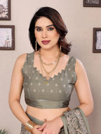 SHYAMIKA Bright Moss Satin Patta Printed Saree with Zari Work & Blouse