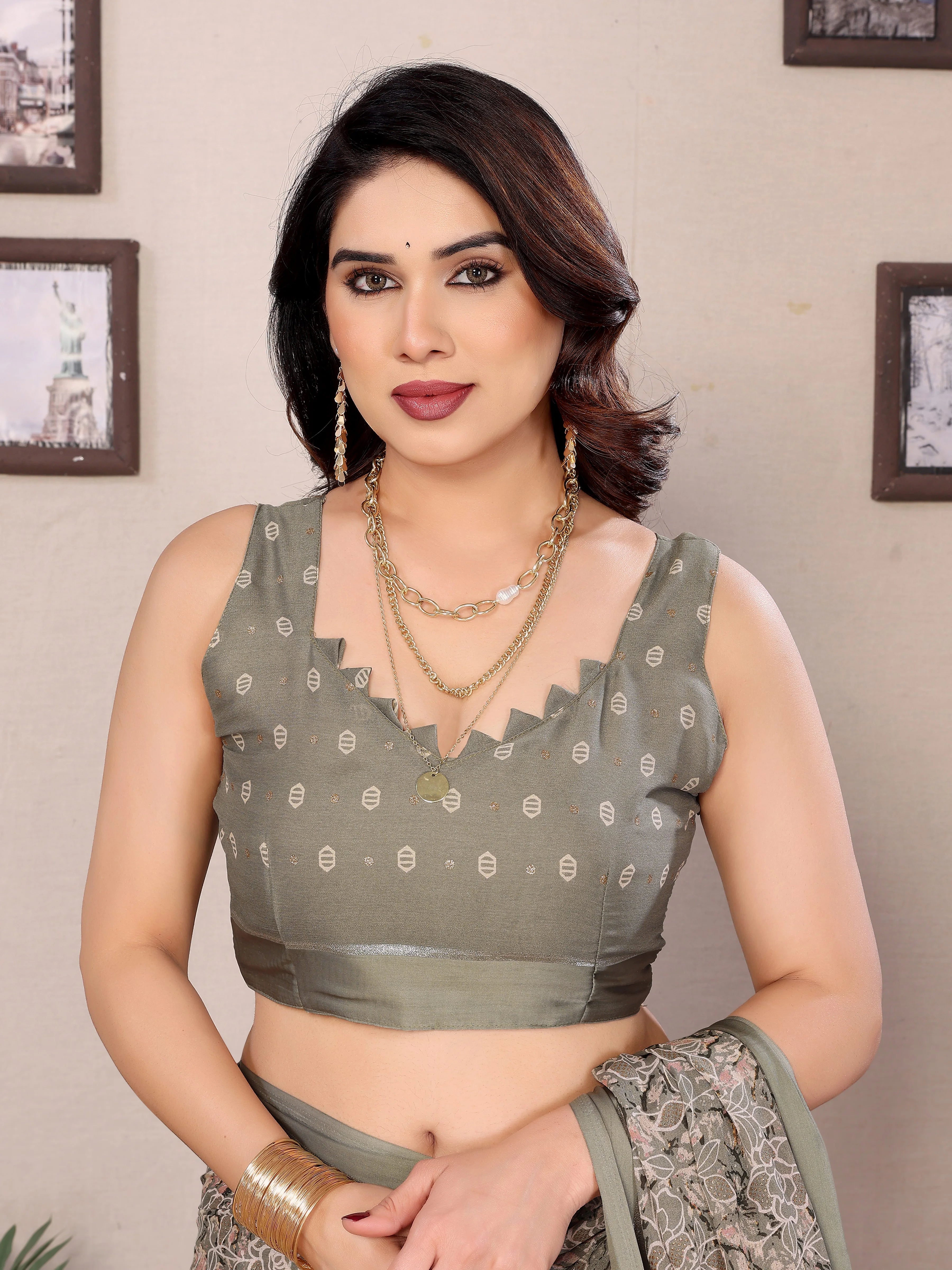 SHYAMIKA Bright Moss Satin Patta Printed Saree with Zari Work & Blouse