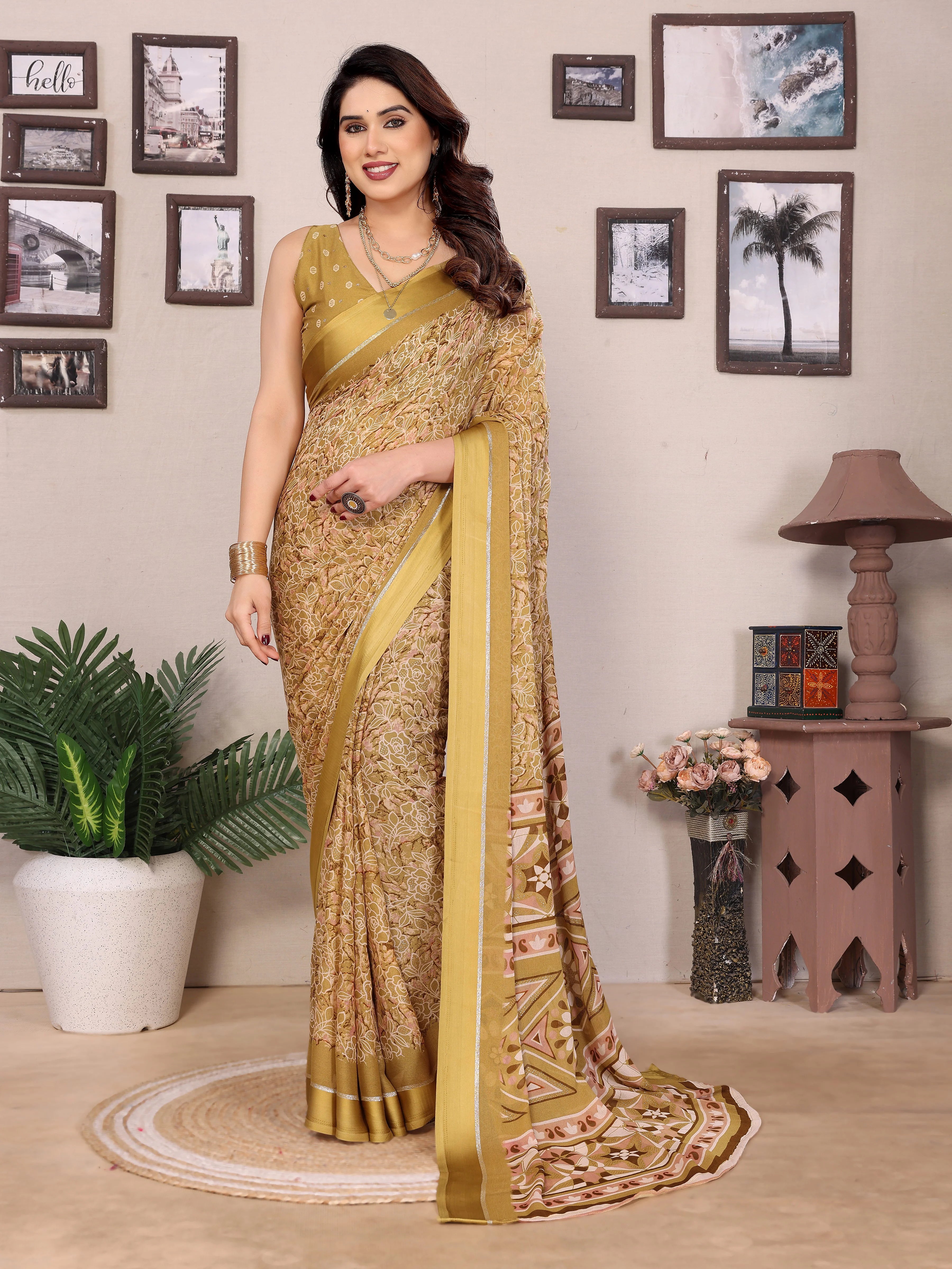 SHYAMIKA Bright Moss Satin Patta Printed Saree with Zari Work & Blouse