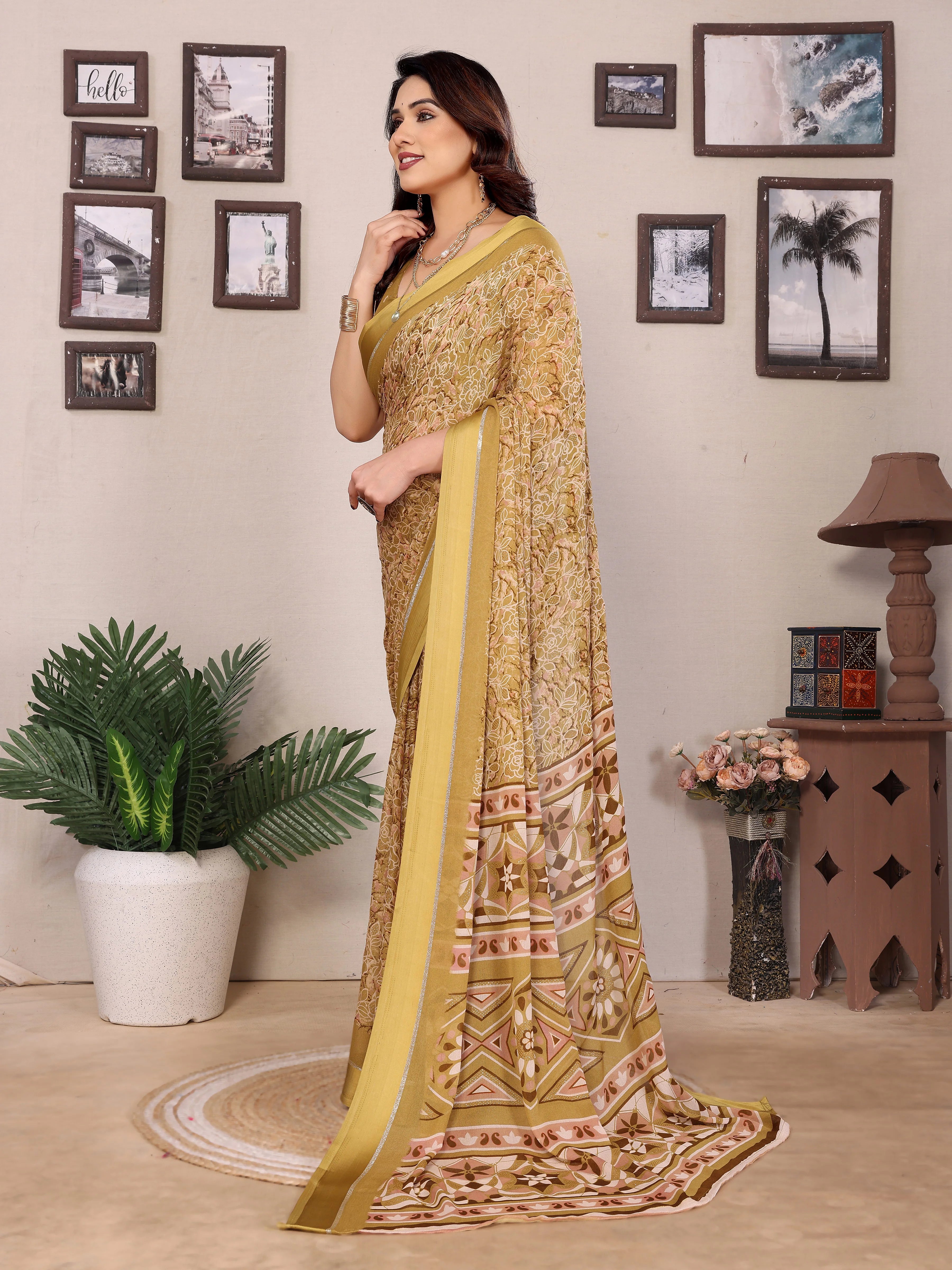 SHYAMIKA Bright Moss Satin Patta Printed Saree with Zari Work & Blouse