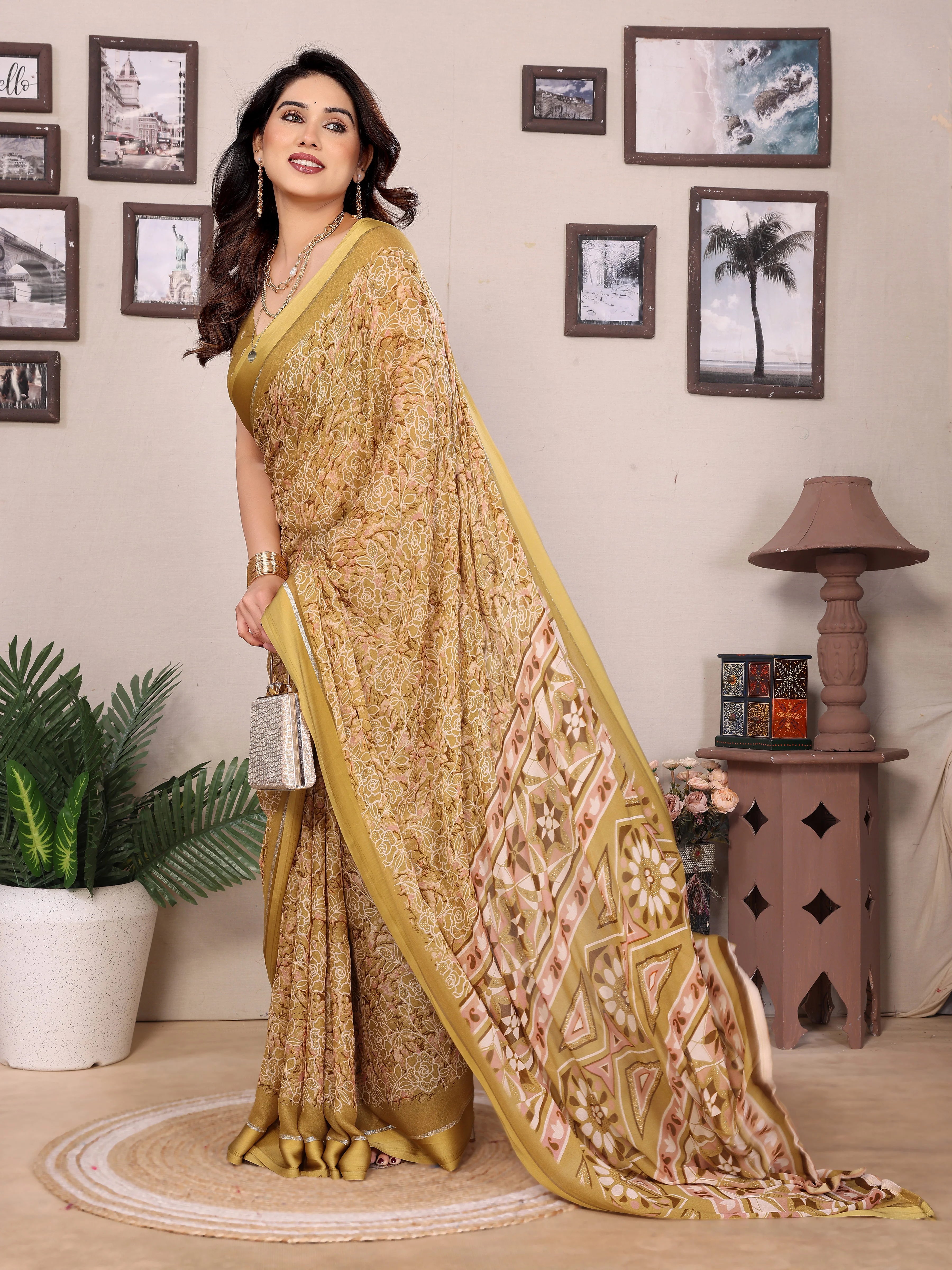 SHYAMIKA Bright Moss Satin Patta Printed Saree with Zari Work & Blouse