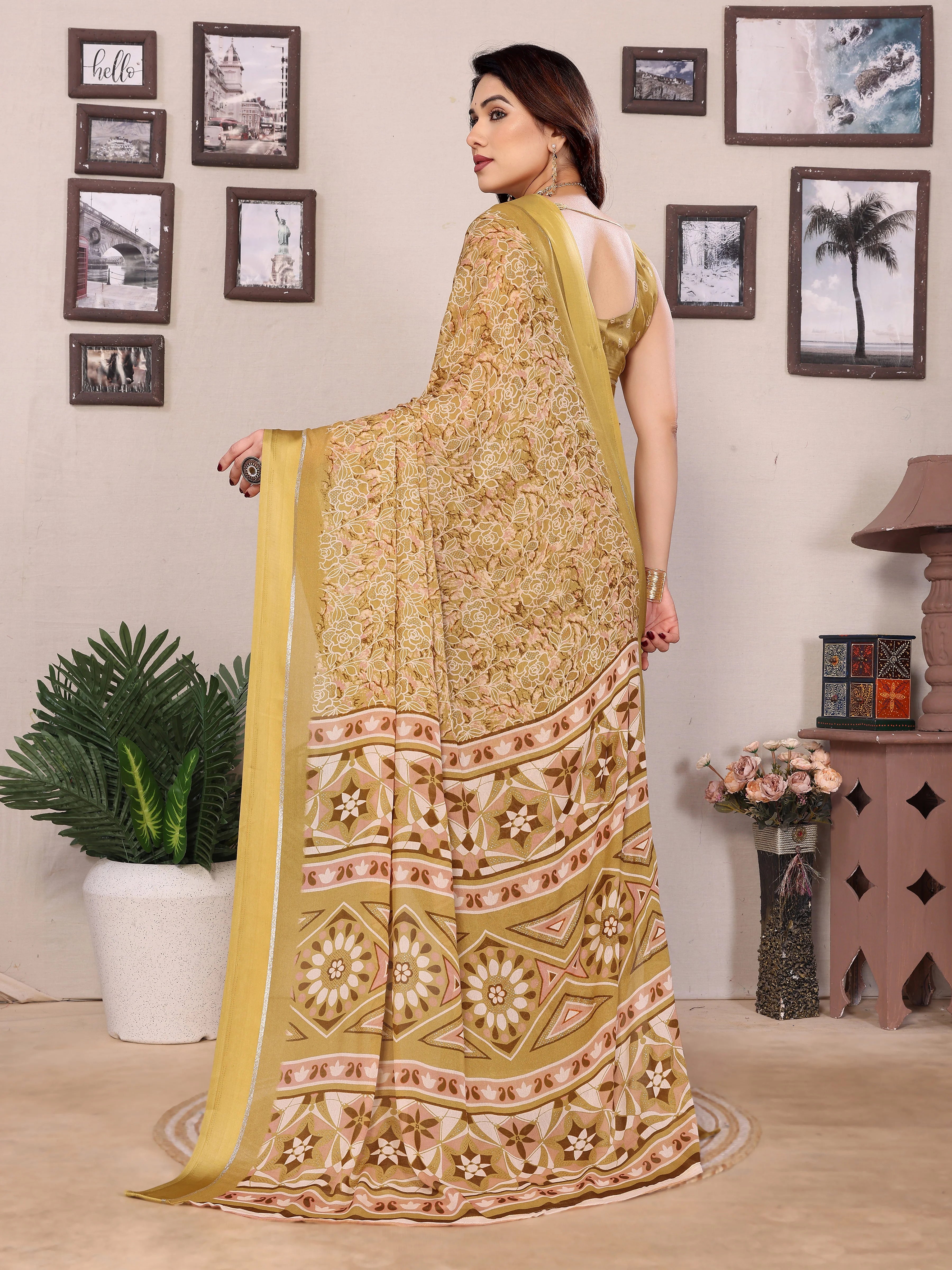 SHYAMIKA Bright Moss Satin Patta Printed Saree with Zari Work & Blouse