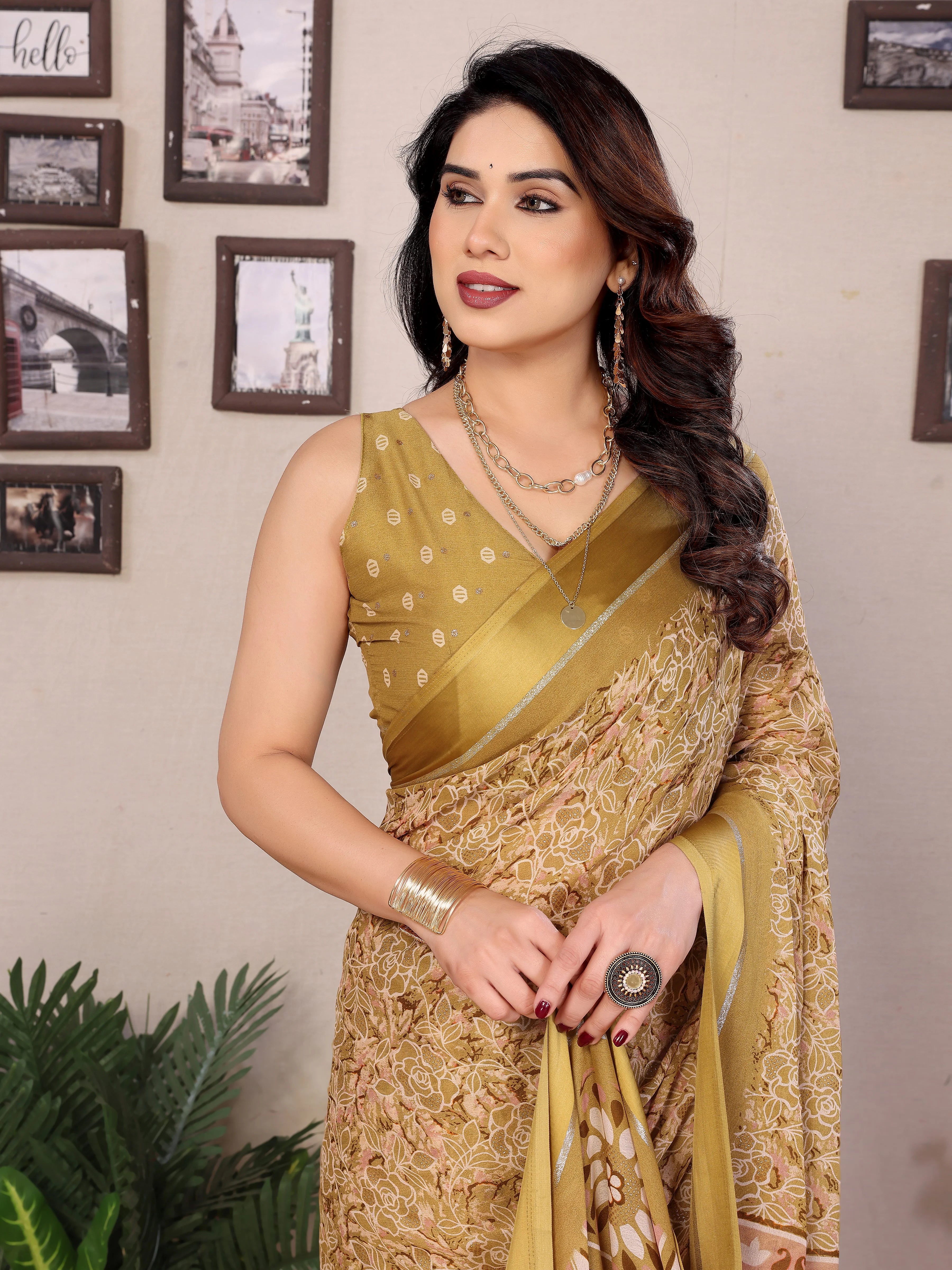 SHYAMIKA Bright Moss Satin Patta Printed Saree with Zari Work & Blouse