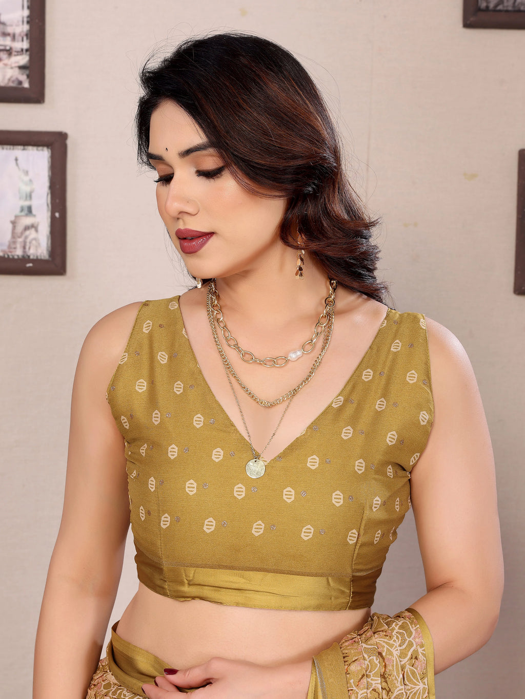 SHYAMIKA Bright Moss Satin Patta Printed Saree with Zari Work & Blouse