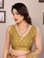 SHYAMIKA Bright Moss Satin Patta Printed Saree with Zari Work & Blouse
