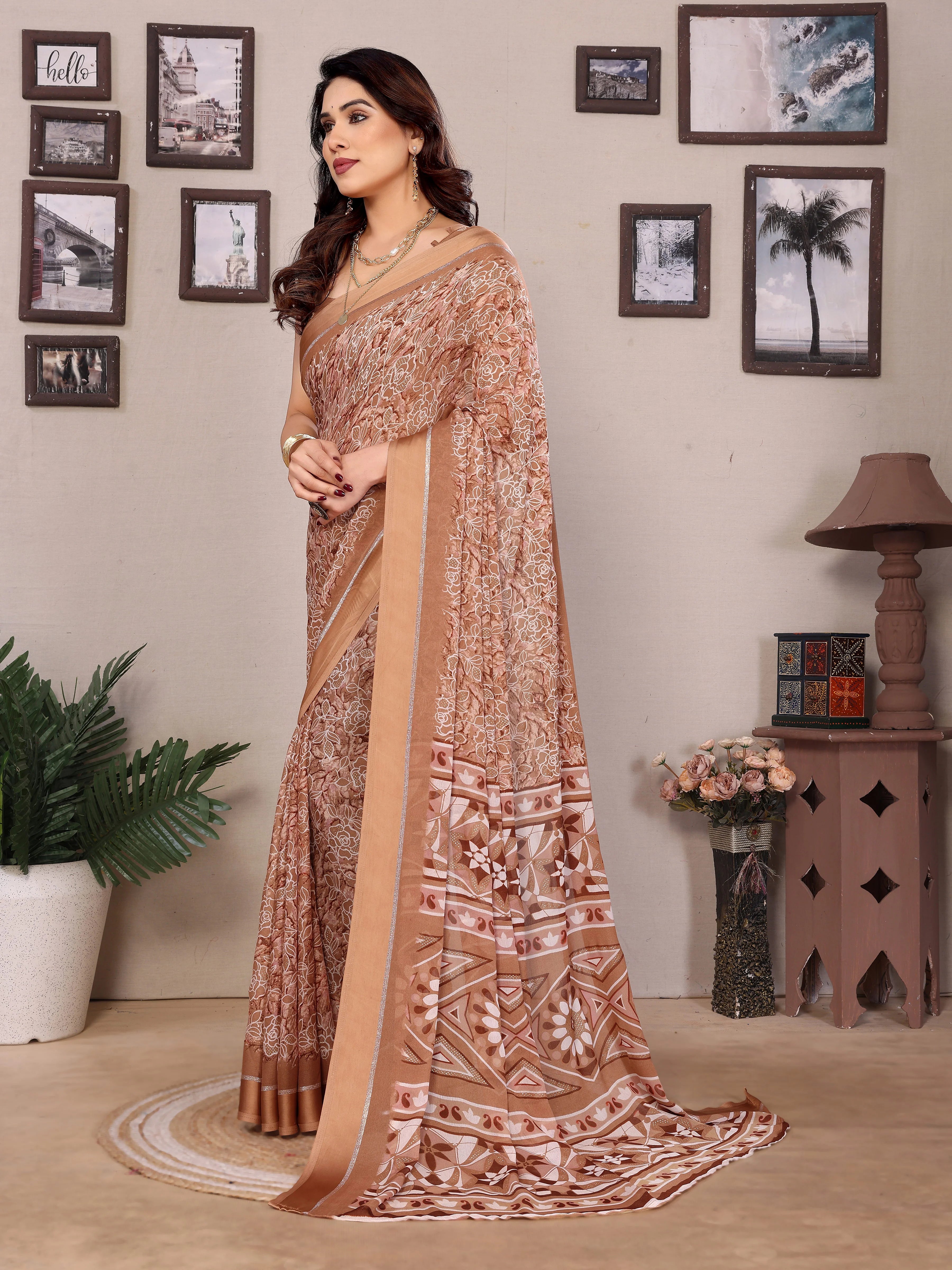 SHYAMIKA Bright Moss Satin Patta Printed Saree with Zari Work & Blouse
