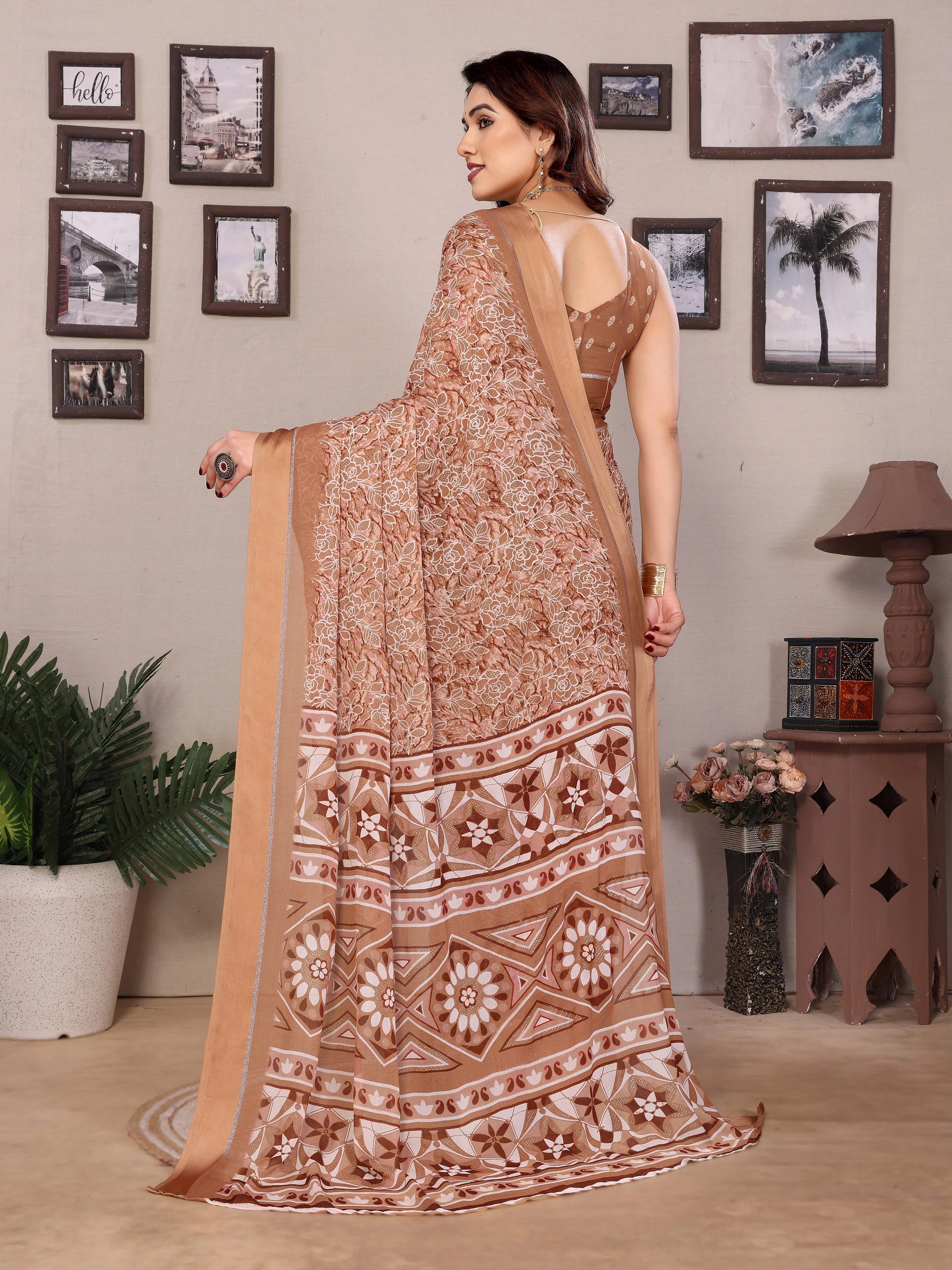 SHYAMIKA Bright Moss Satin Patta Printed Saree with Zari Work & Blouse