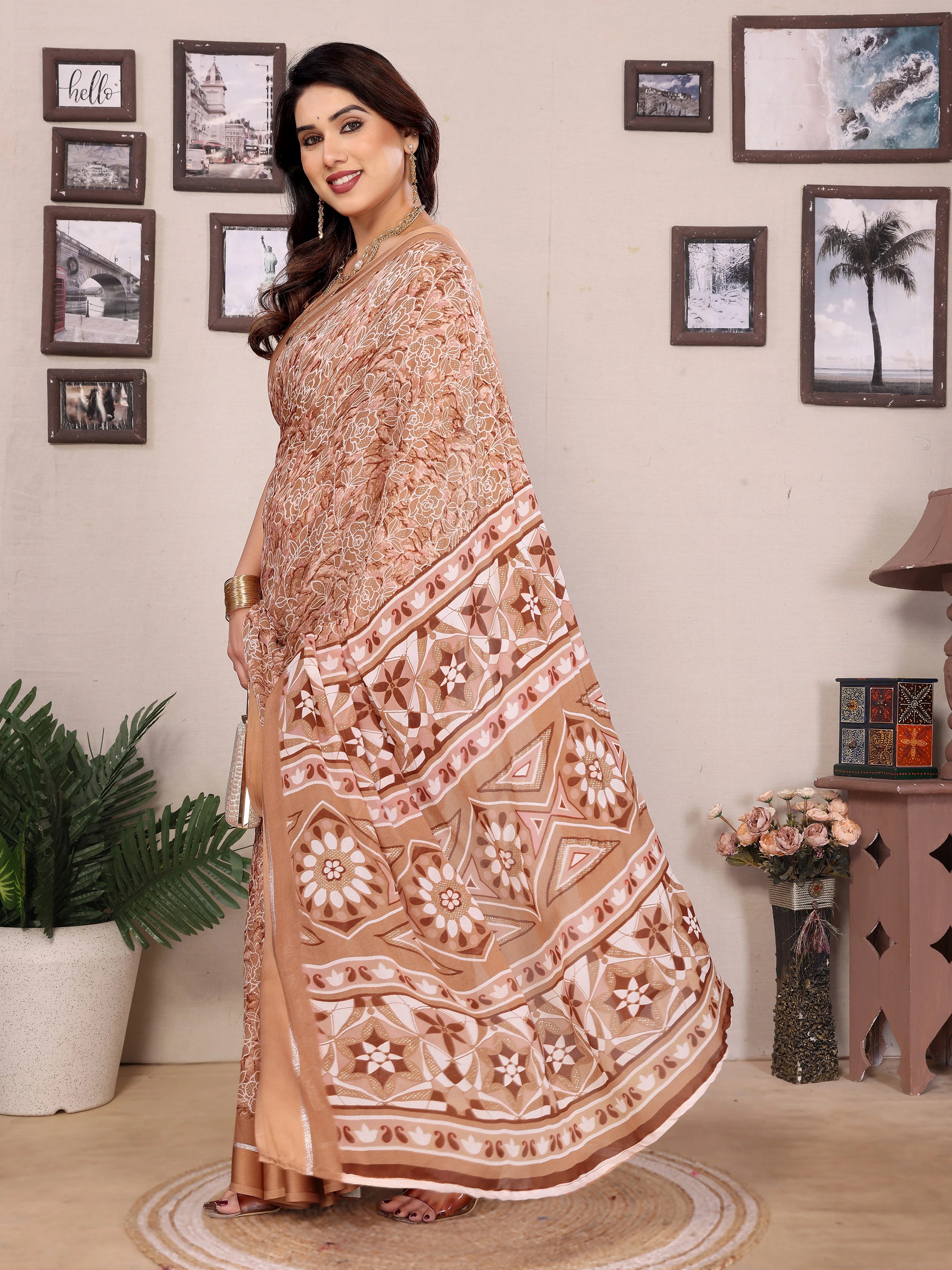 SHYAMIKA Bright Moss Satin Patta Printed Saree with Zari Work & Blouse